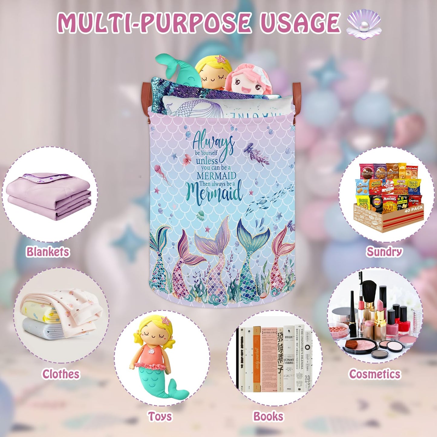 Cesta de lavandería para niños con diseño de sirena, cesta de lavandería para bebés y niñas, con diseño de océano rosa, caja de almacenamiento para ropa bajo el mar, bonita toalla de playa para