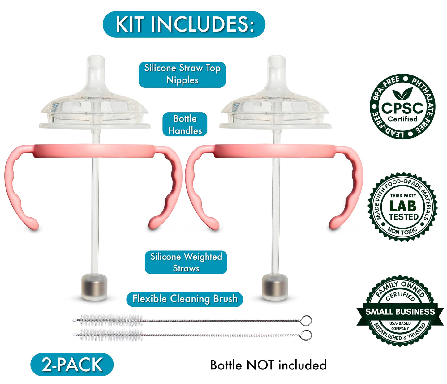 Kit de conversión de tazas de paja para biberones Comotomo de 2 unidades, pezones de silicona de grado alimenticio, popotes con peso de silicona, asas de biberón, cepillo para polvo de limpieza, sin