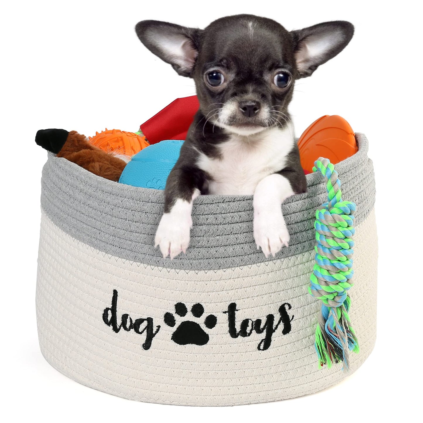 PrimePets - Cesta de juguetes de cuerda de algodón para perros, cesta pequeña con asas, contenedor de almacenamiento tela para perros, mascotas, 15 x 10 x 9 pulgadas, soporte para contenedores para