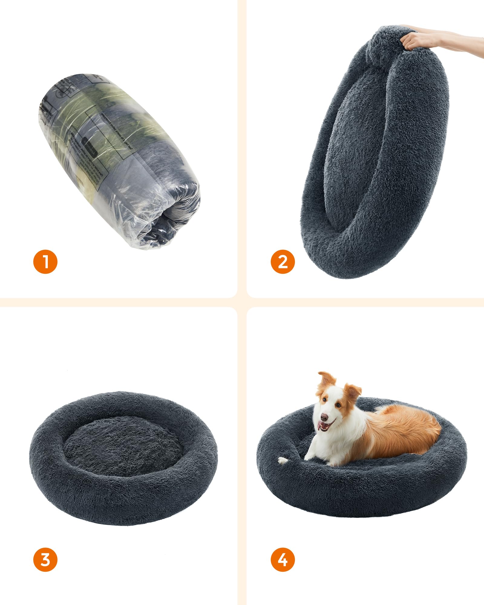 Feandrea Cama de Perros, Cama para Mascotas, Diámetro de 100 cm, Cojín Central Extraíble y Lavable, Alfombra de Felpa, Gris Oscuro MPGW042G02