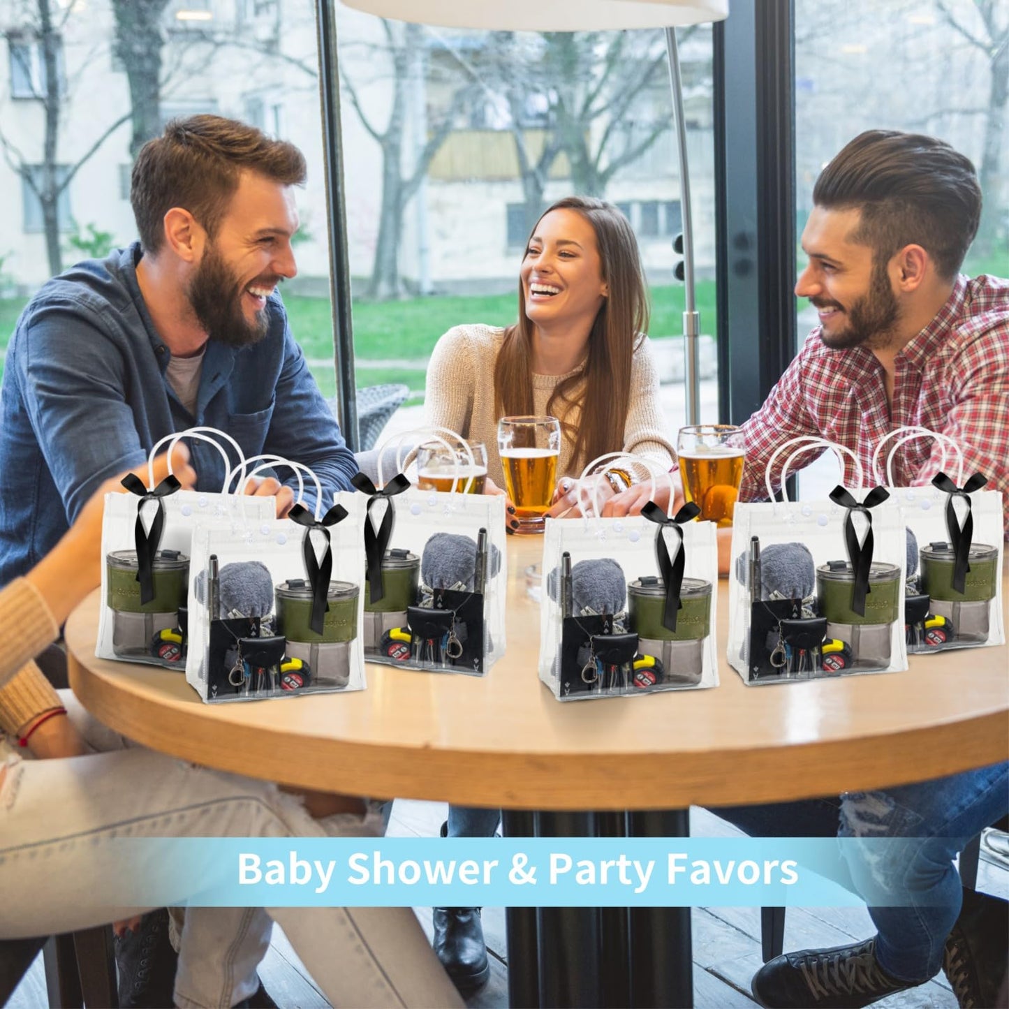 Buecobby - Juego de 4 premios para baby shower para hombres, con taza de vidrio, paño de limpieza, abridor de botellas, mini destornillador, juego de llaveros, bolígrafo multiherramienta, premios