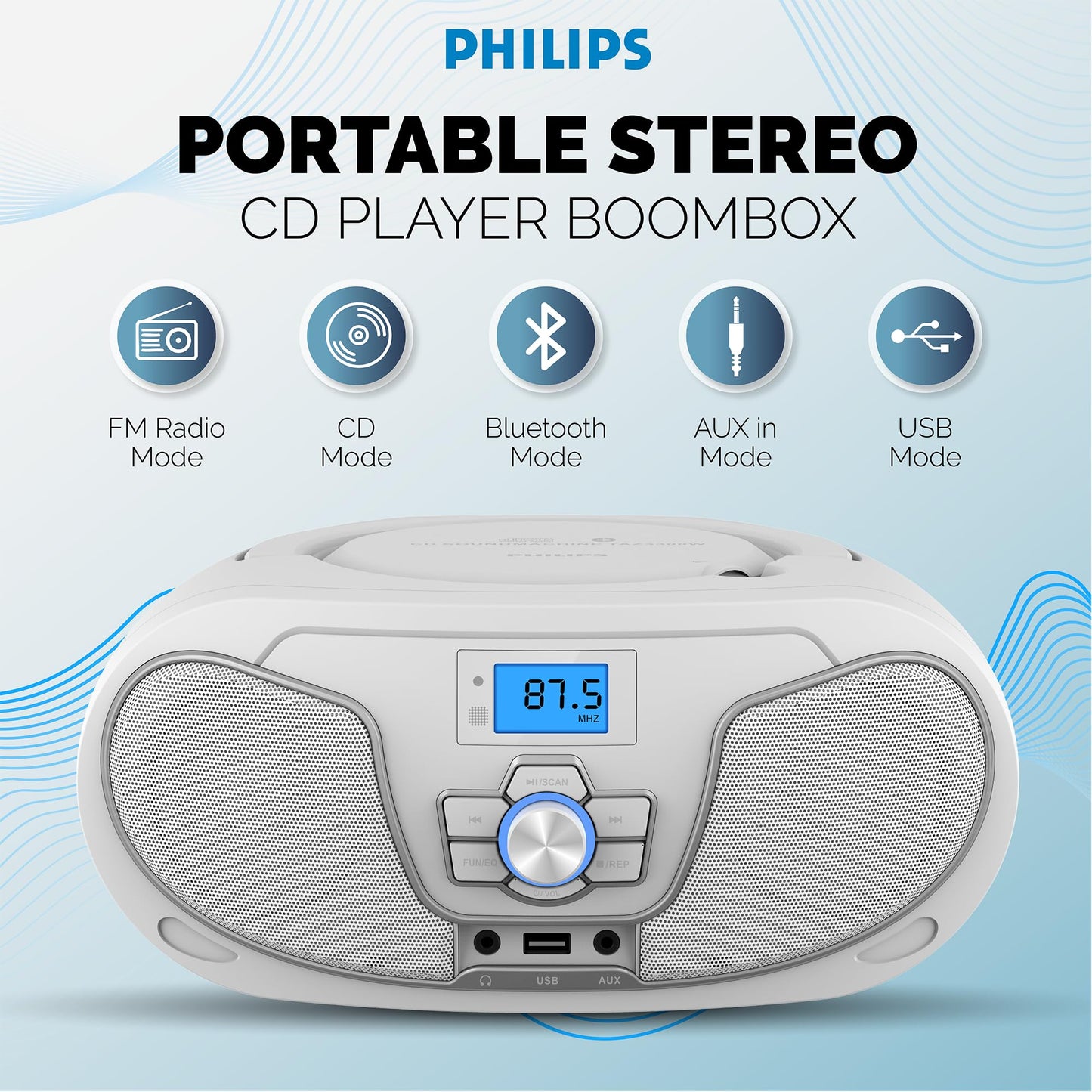 Philips Reproductor de CD Boombox, Aumento de graves dinámico con Bluetooth, Radio FM, Reproducción USB y entrada AUX, Boombox portátil de carga superior, Estéreo claro, Compatible con RW/MP3 (Blanco)