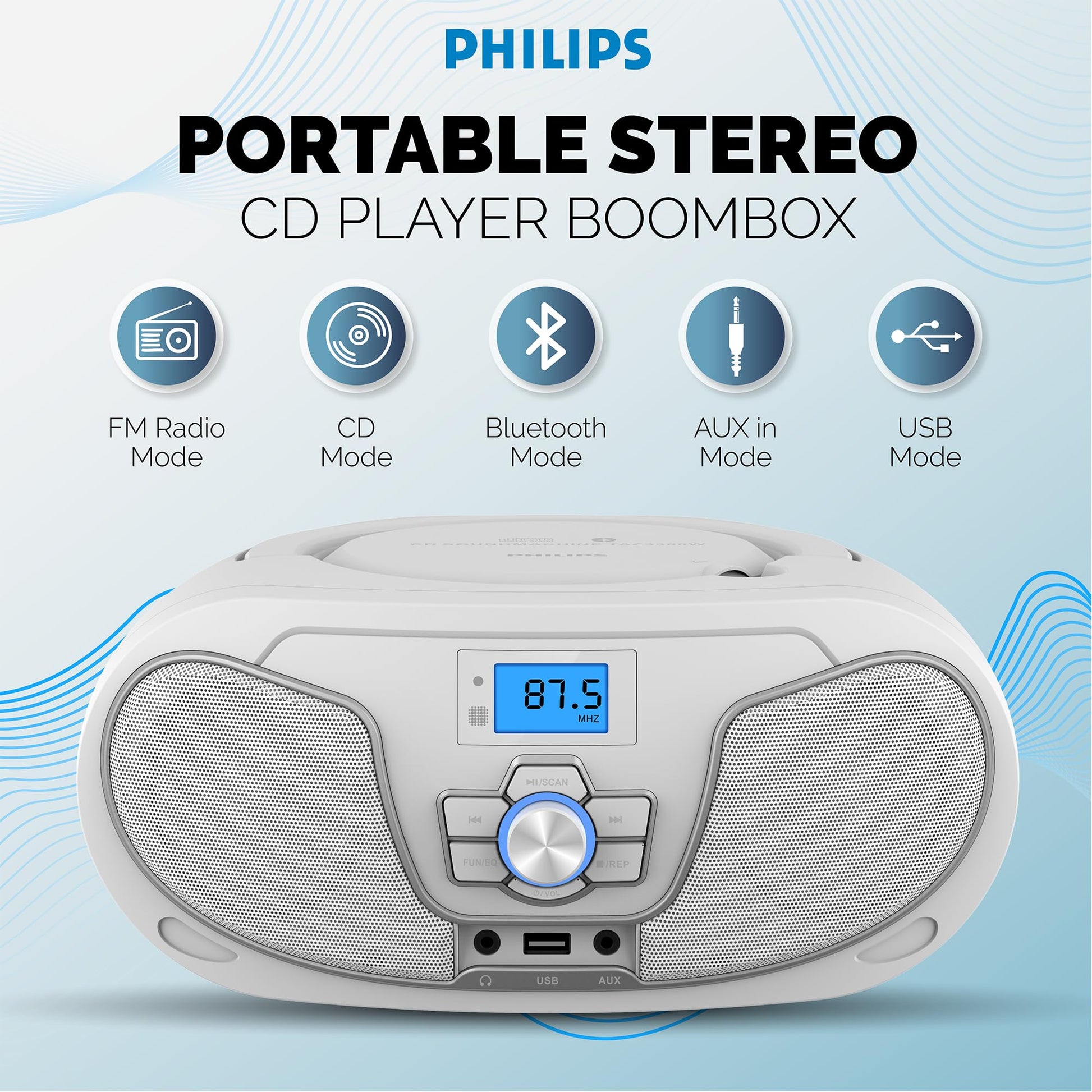 Philips Reproductor de CD Boombox, Aumento de graves dinámico con Bluetooth, Radio FM, Reproducción USB y entrada AUX, Boombox portátil de carga superior, Estéreo claro, Compatible con RW/MP3 (Blanco)