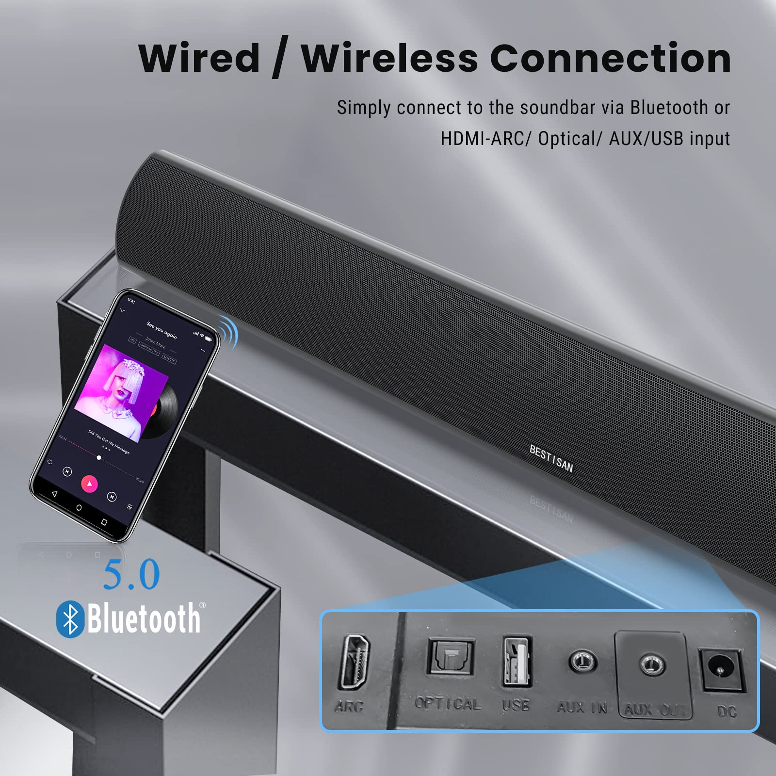 BYL Barra de sonido de 100 vatios y 40 pulgadas, altavoz de TV Bluetooth con cable y audio inalámbrico con función de aprendizaje (versión de Beef Up 2018, prueba de 60 días en casa), 86.36 cm