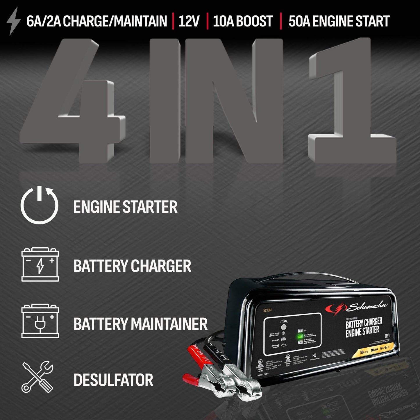 Schumacher SC1361 Cargador/Arrancador Automático 26,10 y 50 Amp 12 Volts., Multicolor