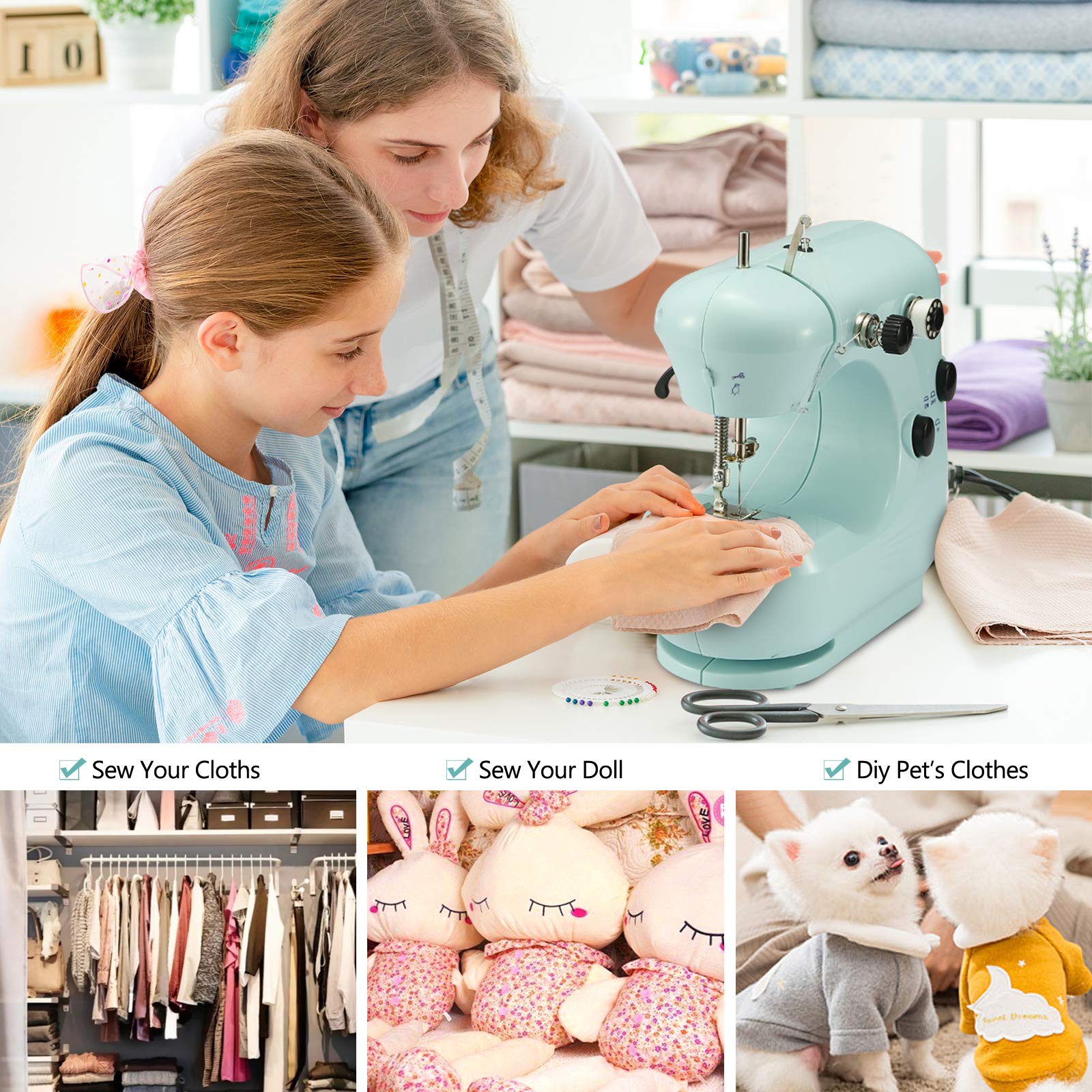 Maquina Portatil de Coser, Maquina de Coser mini de Coser Electrica Portátil Automático, Kit de accesorios de costura, Doble Velocidades Controlar Hilo Doble con Luz, para Ropa, Sábanas, Cremallera