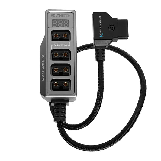 KONDOR BLUE | Divisor de concentrador de alimentación D-Tap de 12 V con voltímetro, 4 vías, roscas de 1/4-20, puntos de localización antirtorsión, montaje de múltiples agujeros, distribución de