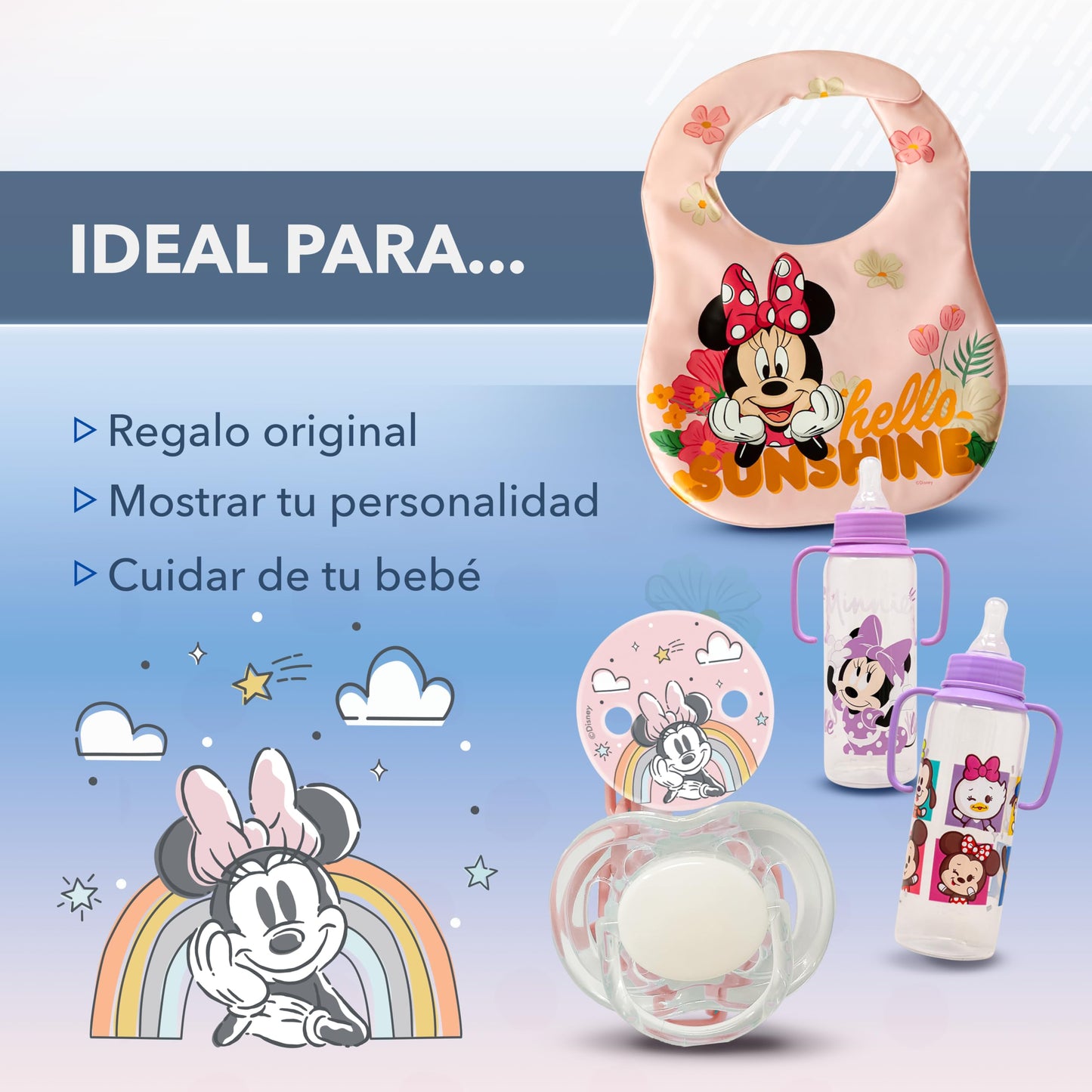 GAIRET Kit de Minnie Mouse para Bebé Niña: Incluye 2 Biberones de 9 oz con Asas y Sellado Antiderrames, 1 Babero Impermeable y 1 Chupón de Silicona con Sujetador de Ropa, Oficial Disney, 4 Piezas