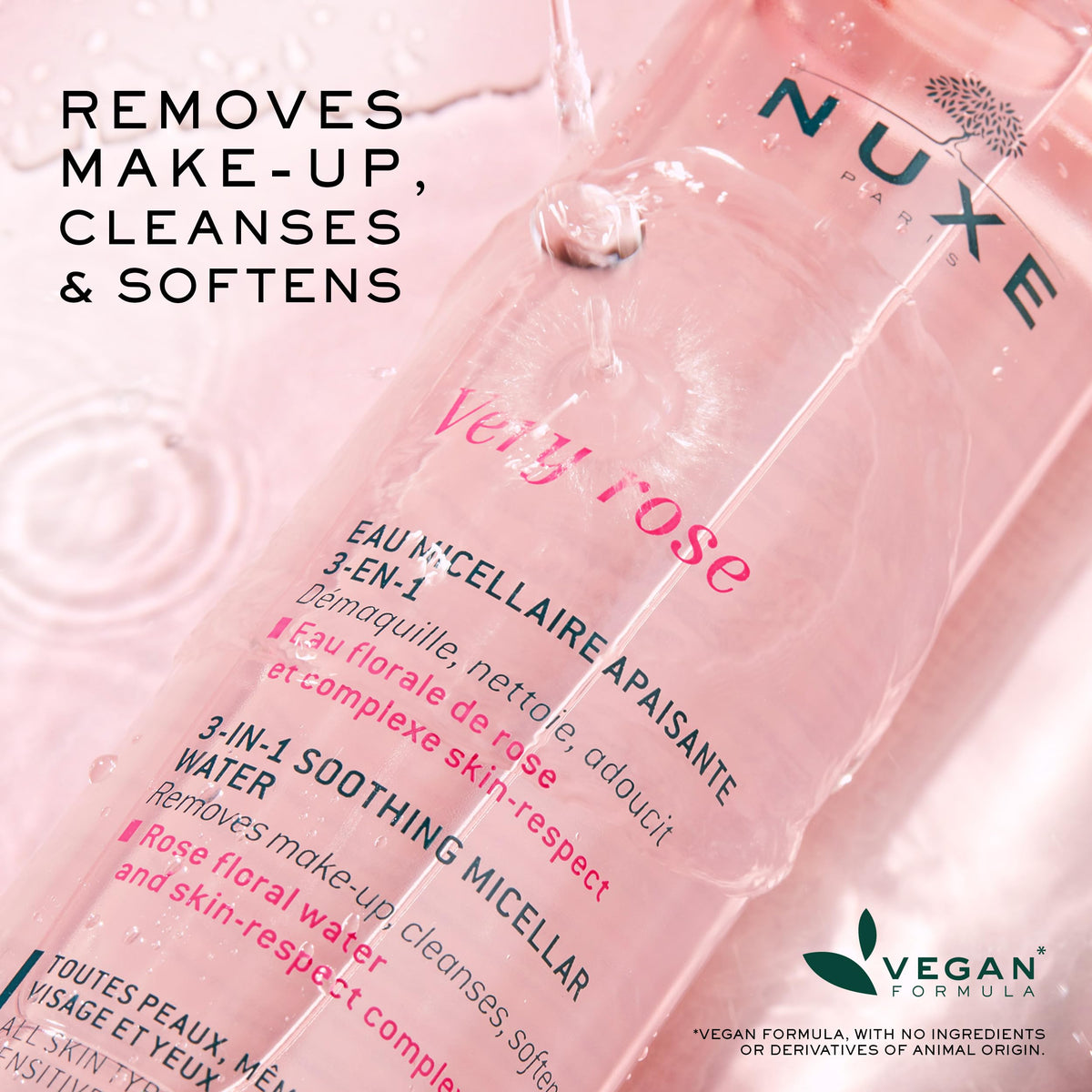 Nuxe Very rose - agua desmaquillante micelar 3 en 1- para ojos y rostro, con agua floral de rosas y complejo skin respect 100% de origen vegetal. todas las pieles, incluso sensibles.