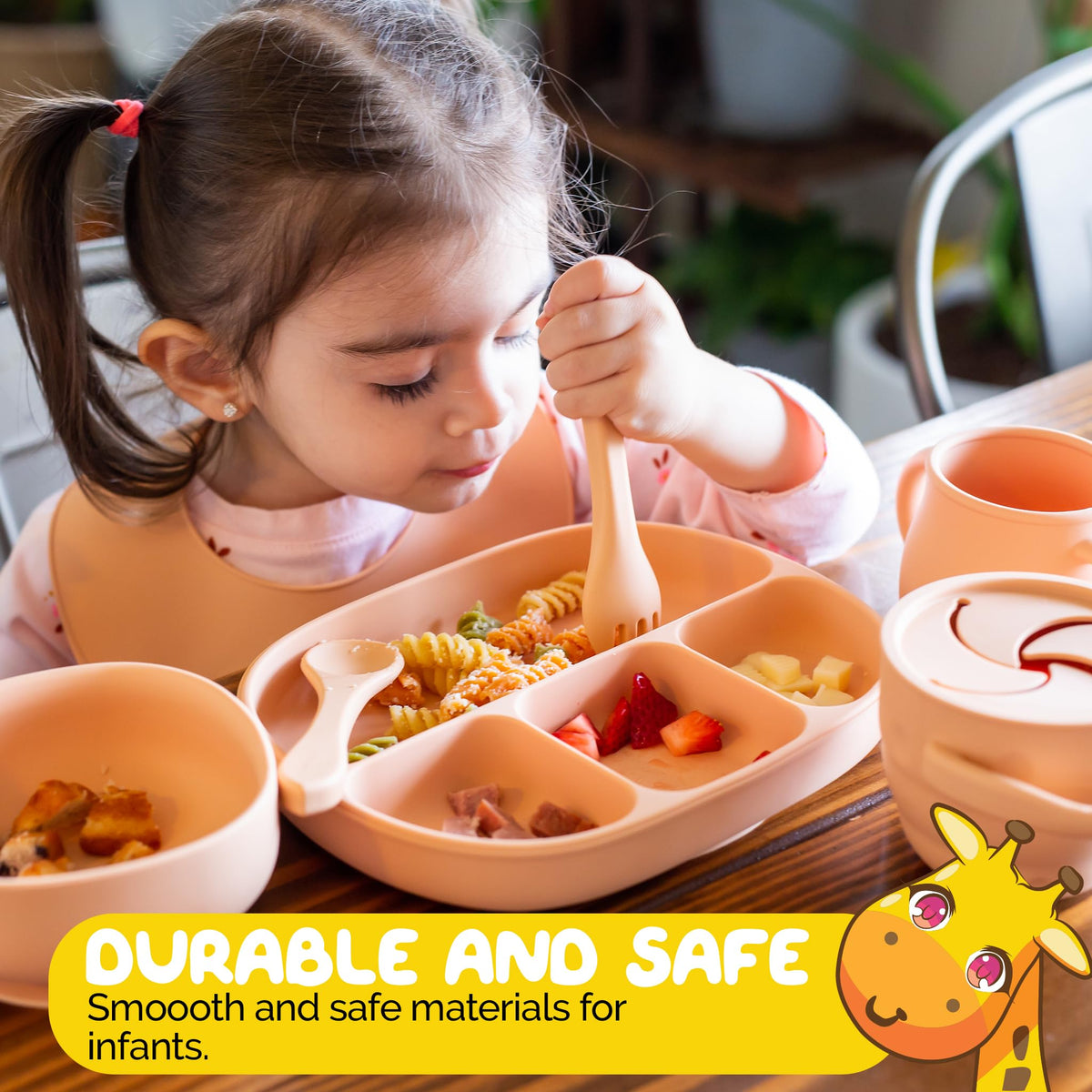 Muqee Peeko Platos con Ventosa para la Comida del bebé con Tapa, Color Albaricoque - Set de Comida para bebés de Silicona Apta para Uso alimentario