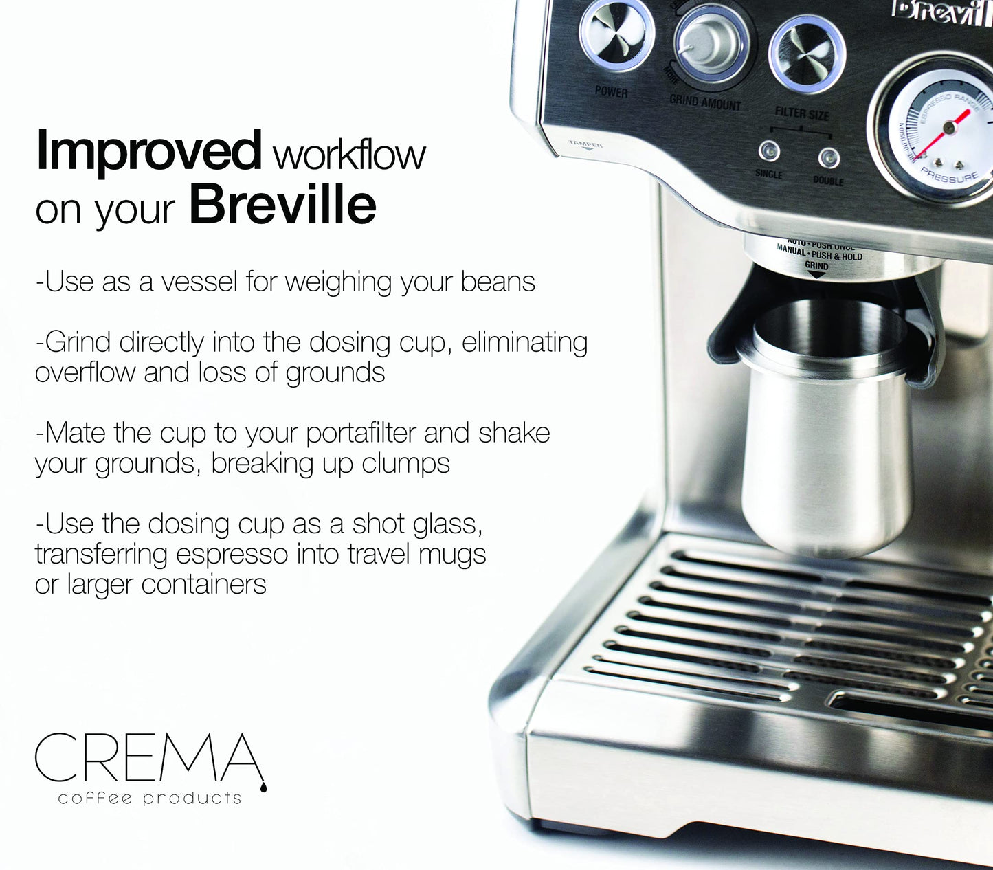 Crema Coffee Products | Taza dosificadora de 54 mm | Plata cepillada | Acero inoxidable 100% | Taza dosificadora de café espresso | Se adapta a portafiltros Breville de 54 mm