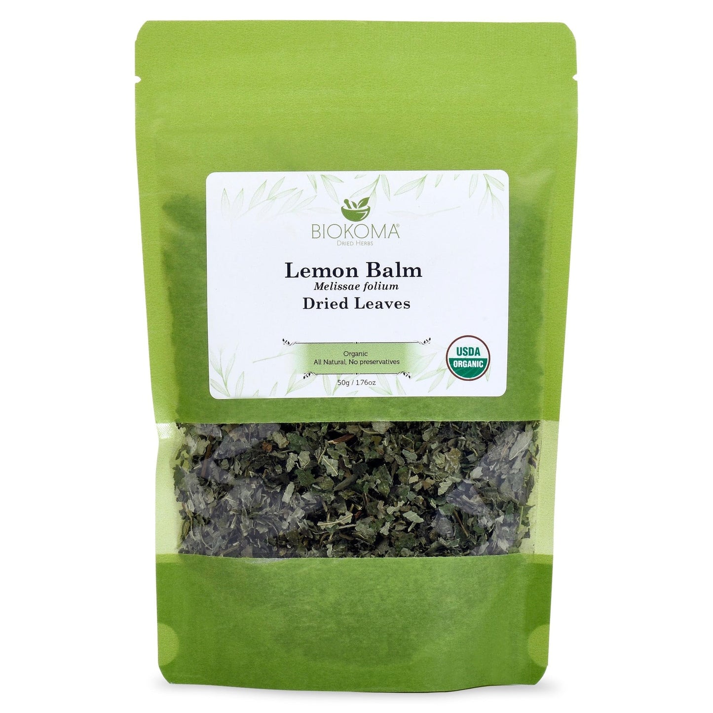 Bálsamo de limón Biokoma 100% puro y orgánico (Melissae folium) hojas secas, 50 g, en bolsa resellable a prueba de humedad