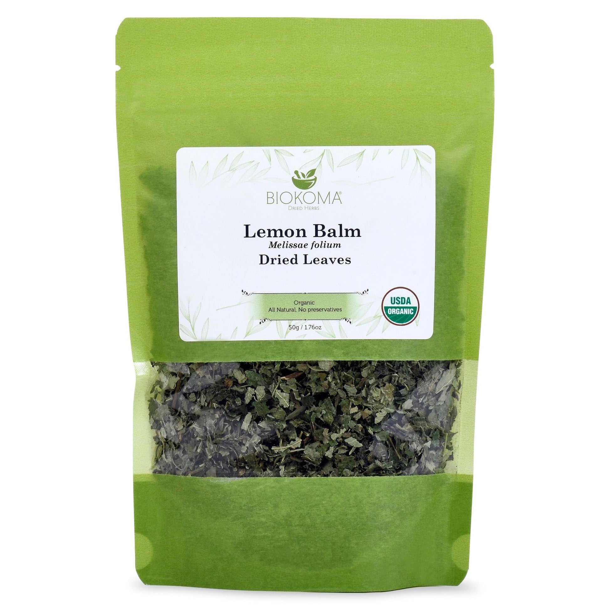 Bálsamo de limón Biokoma 100% puro y orgánico (Melissae folium) hojas secas, 50 g, en bolsa resellable a prueba de humedad