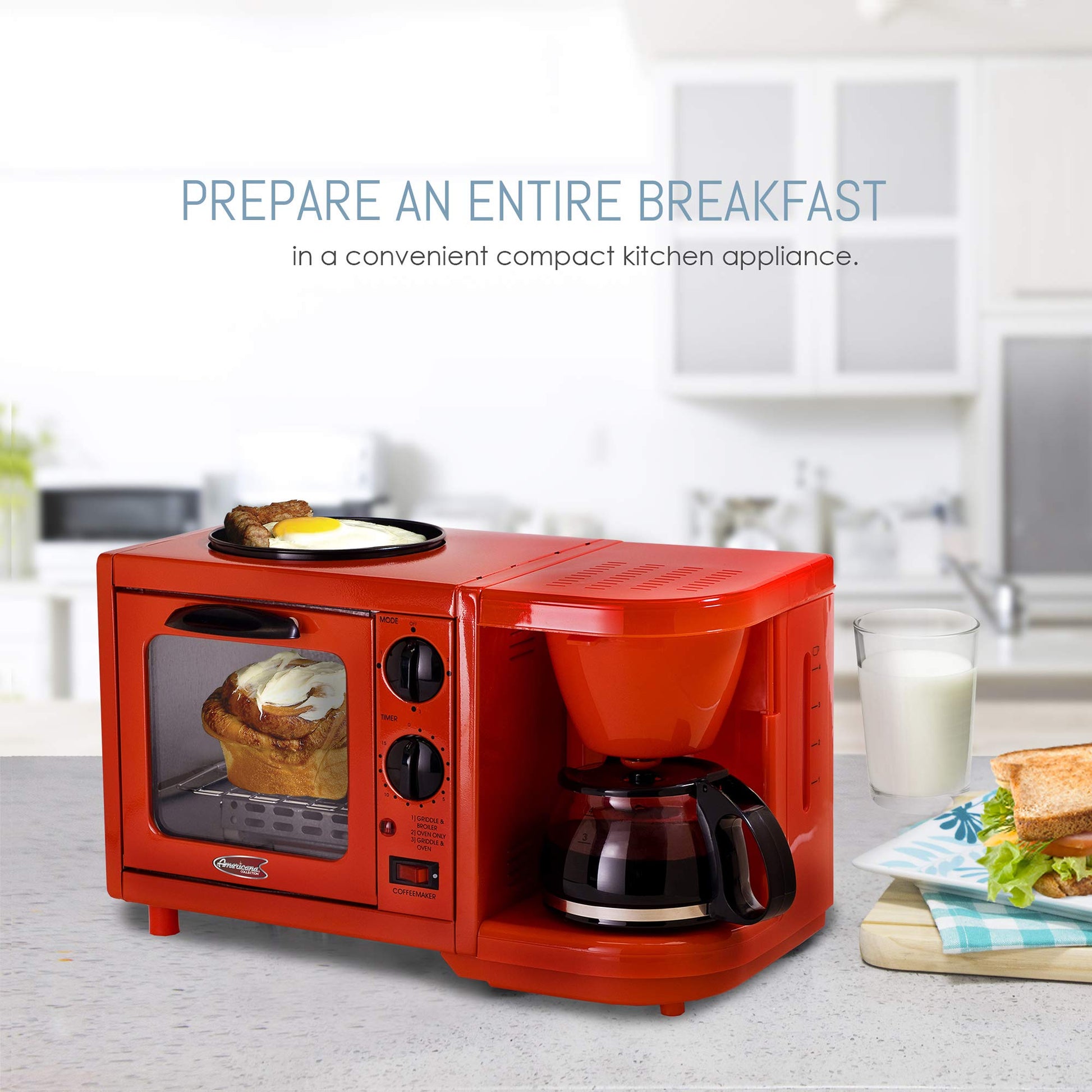 Elite Cuisine EBK-200R Maxi-Matic 3-in-1 Multifunction Breakfast Center, Red