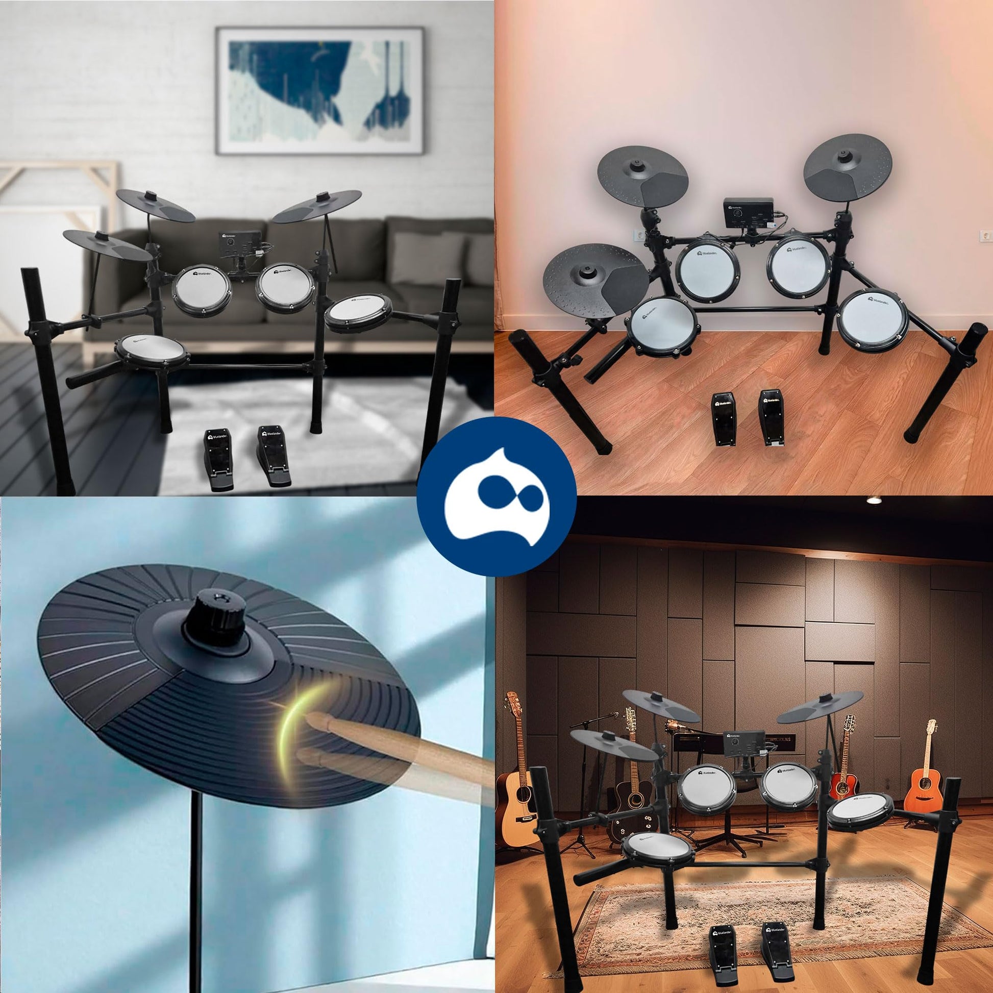 Bluelander Batería Musical 93*120 cm, Bateria Electrica 13 Pzas, 3 Platillos, 3 Tom, 2 Pedales, Tarola, Módulo de Sonido, Par de Baquetas y Banco, Batería Electrónica, Ideal para Niños y Principiantes