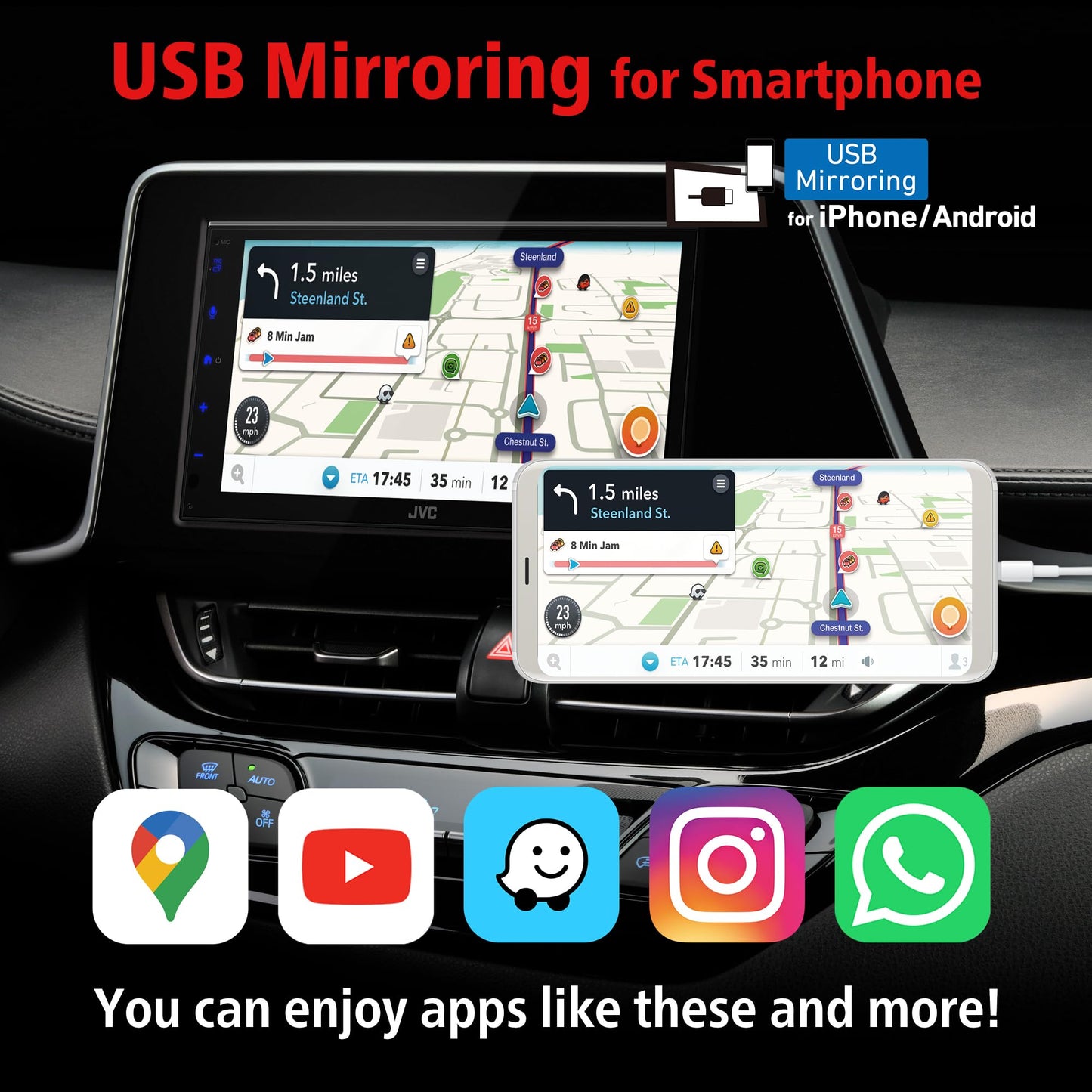 JVC KW-M595BT - Estéreo digital para coche (50 W x 6 Ch), compatible con Apple CarPlay y Android automático, unidad principal habilitada para Bluetooth con visualización LCD de 6.8 pulgadas