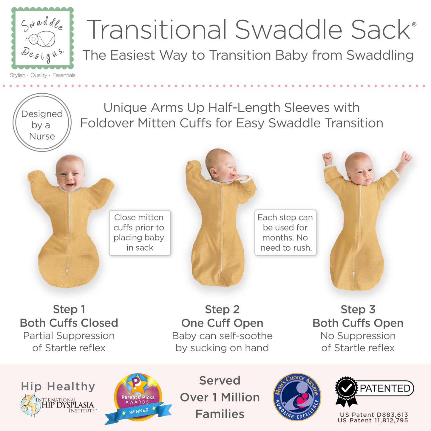 SwaddleDesigns - Saco de Envolver transicional, Mangas de Media Longitud y puños de manopla, para la transición del recién Nacido al Saco de Dormir del bebé, Manta portátil, pequeña, 0-3 Meses, 6-14