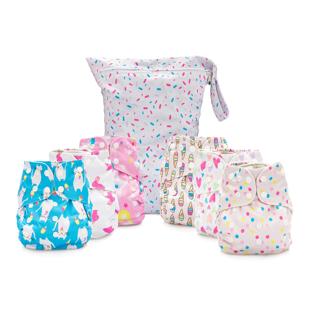 Simple Being - Pañales de tela reutilizables, paquete de 6, de bolsillo, tamaño ajustable, cubierta impermeable, 6 insertos, bolsa húmeda, doble refuerzo (Dulces)