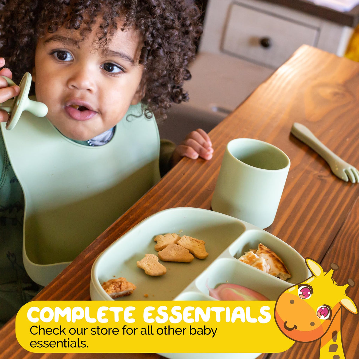 Muqee Peeko Set de alimentación para bebés con Ventosa y Tapa en Color Verde Guisante - Silicona de Grado alimenticio