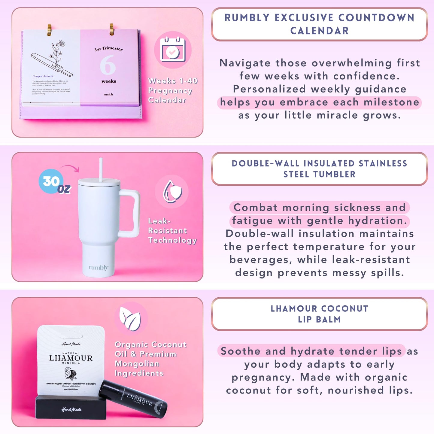 Rumbly 1. Trimestre Essentials Box para mujeres embarazadas – Regalo para mujeres embarazadas – Paquete de cuidado con artículos esenciales para nuevas madres y imprescindibles para el embarazo