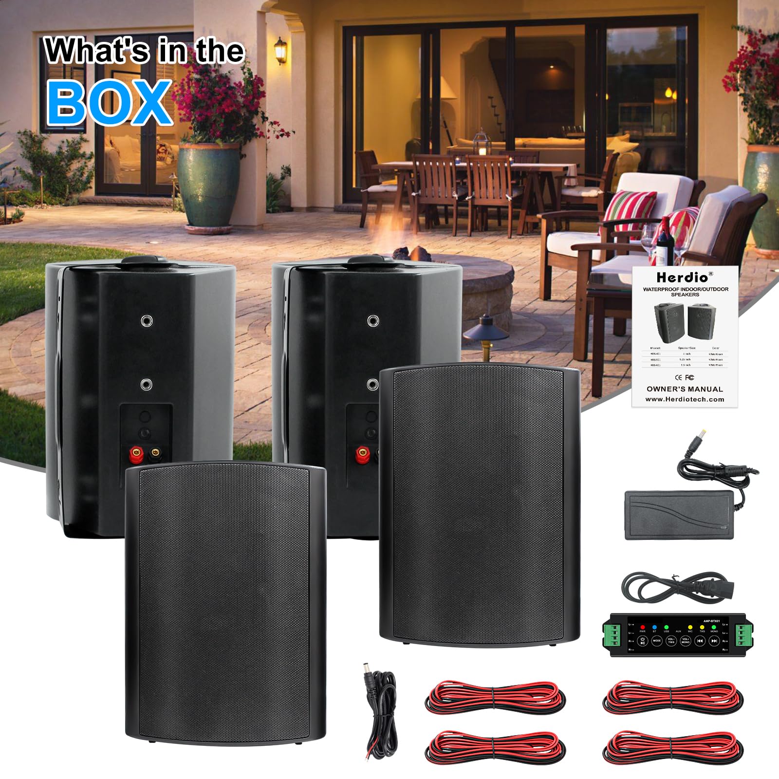 Herdio Bocinas para Exterior, 6,5 Pulgadas 800W 2 Vías Altavoces Bluetooth para Exteriores, Impermeable, Amplificador Superior, Amplia Cobertura De Sonido Estéreo, para Patio Jardín, 2Pares Negro