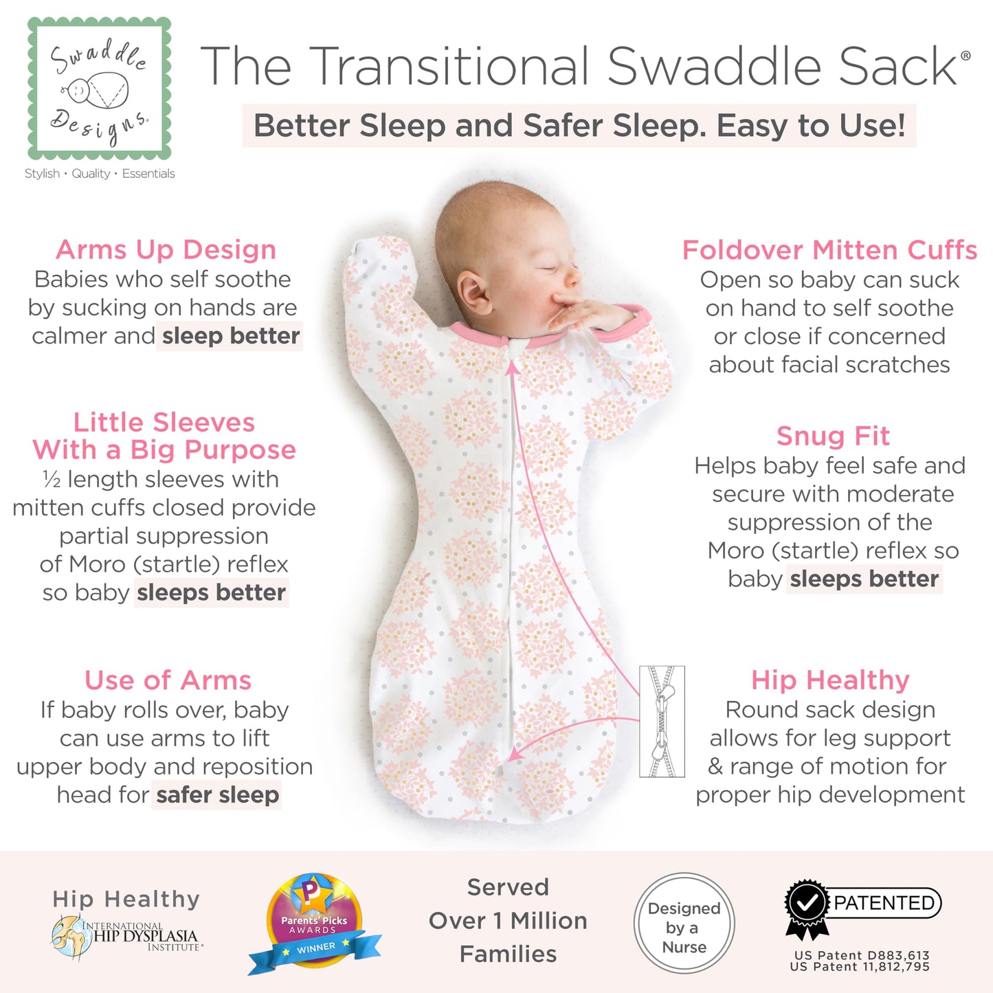 SwaddleDesigns - Saco de Envolver transicional, Mangas de Media Longitud y puños de manopla, para la transición del recién Nacido al Saco de Dormir del bebé, Manta portátil, 0-3 Meses, 6-14 Libras,
