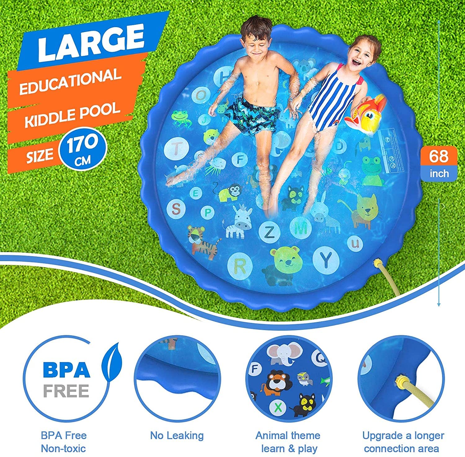 Almohadilla para salpicaduras de agua de 68 pulgadas, almohadilla para salpicaduras de verano para niños, actividades inflables en la piscina, juegos al aire libre, divertidos juguetes de agua para niños y niñas de la familia, apto para niños de 3+ años.