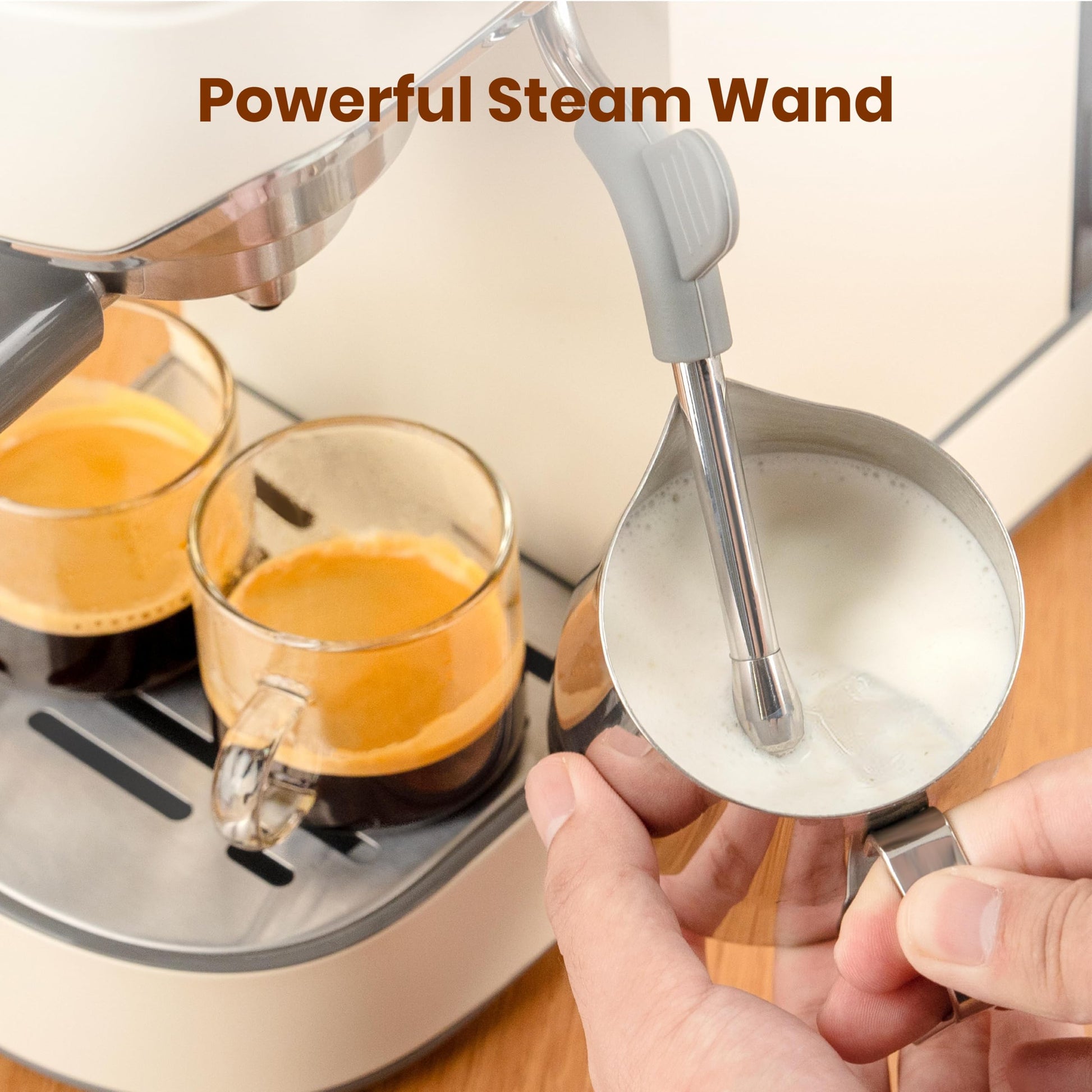 Gevi - Máquina de Espresso Profesional Compacta de 20 Bares Con Espumador de Leche Para Expreso, Latte y Capuchino Con 35 Ajustes Precisos de Molienda, Color Beige