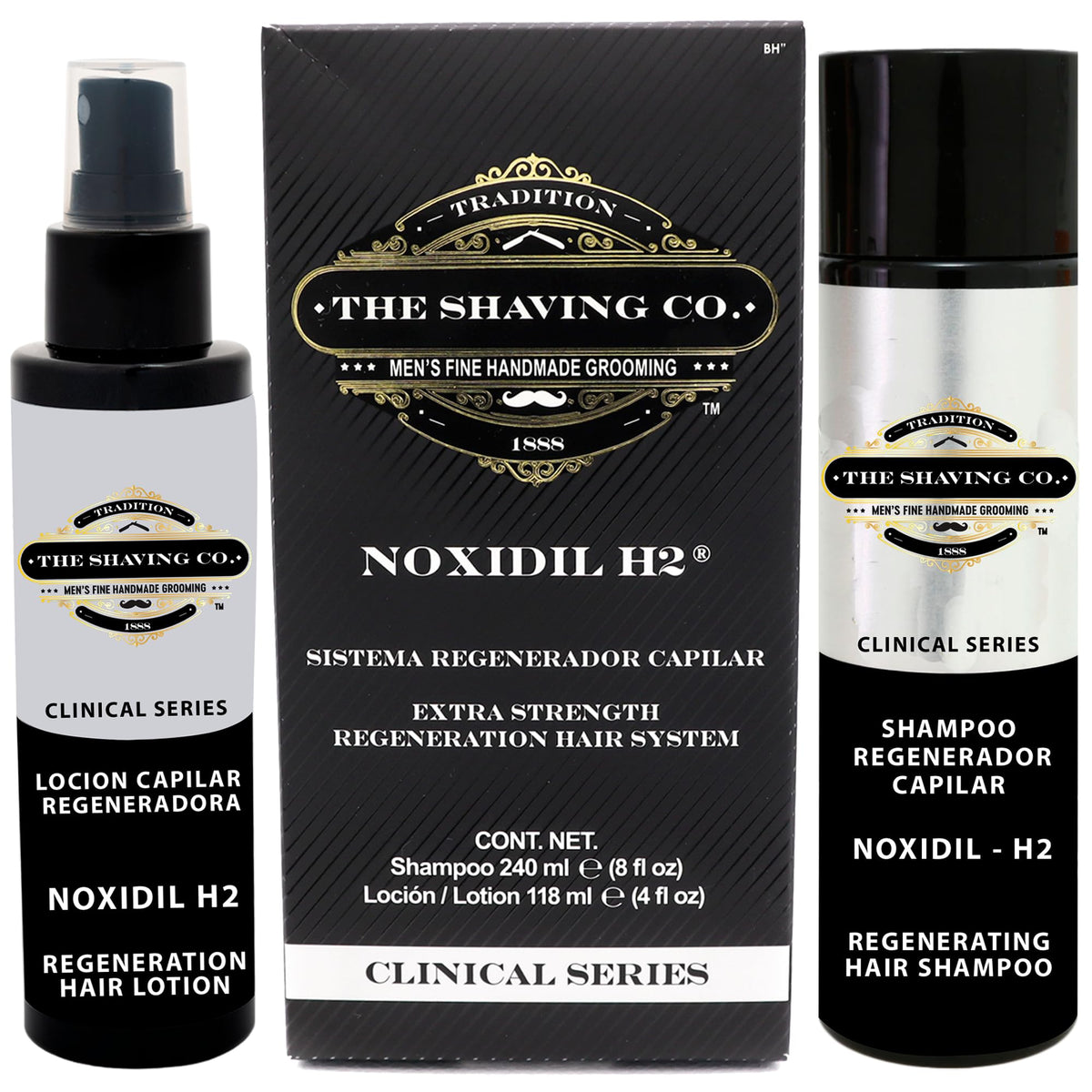 Tratamiento Capilar Integral The Shaving Co. en Negro con Shampoo y Loción Noxidil H2 para Crecimiento de Cabello Unisex