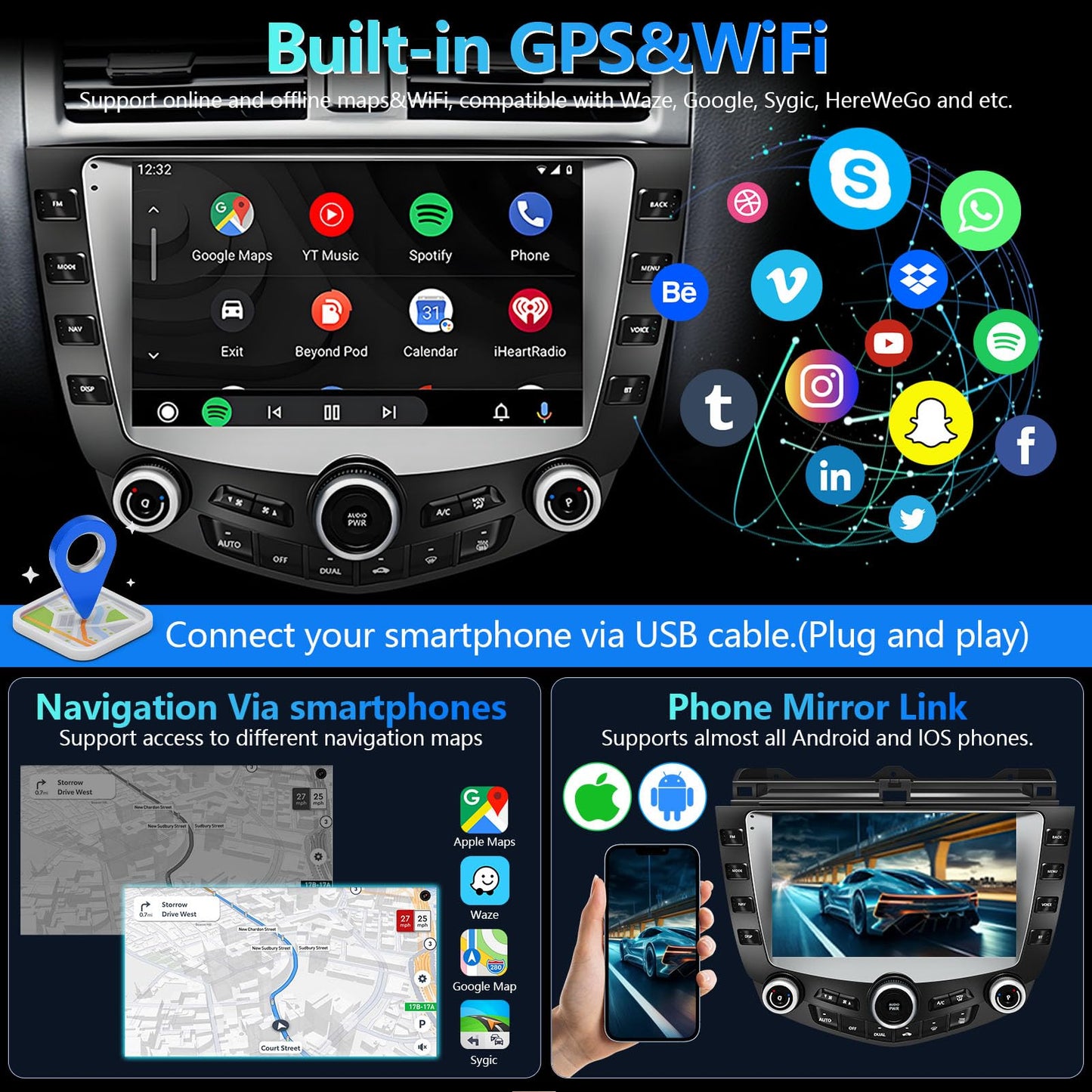 Compatible con Honda Accord 7 modelos de 2004 a 2007, audio para coche Android 12, visualización táctil de alta definición de 9 pulgadas, cámara de copia de seguridad de audio, reproductor multimedia