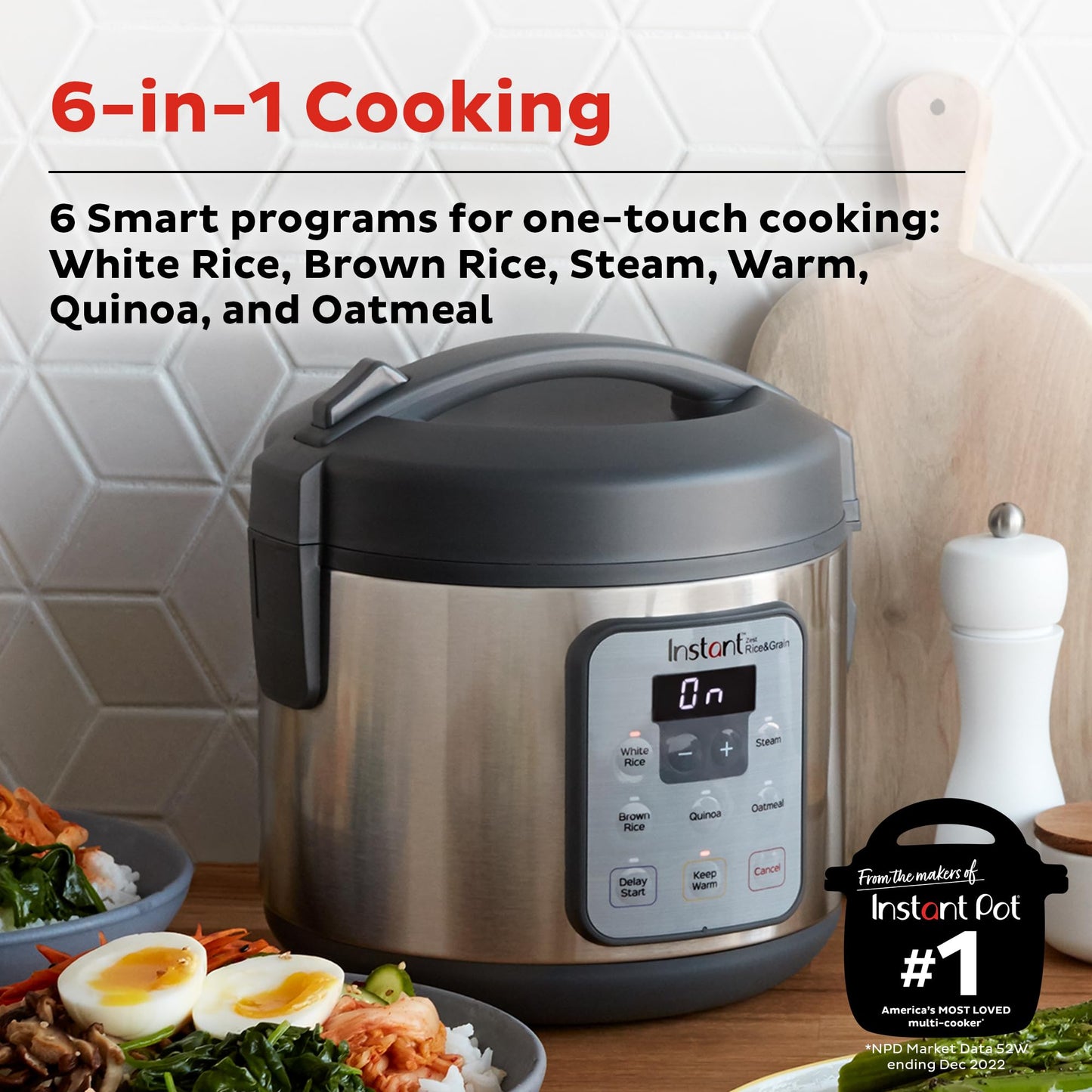 Instant Pot Zest Olla de arroz de 8 tazas con un toque, de los fabricantes de ollas instantáneas, vapor, cocina arroz, frijoles, quinua y avena, 8 tazas cocinadas/4 tazas sin cocinar, funcionalidad de