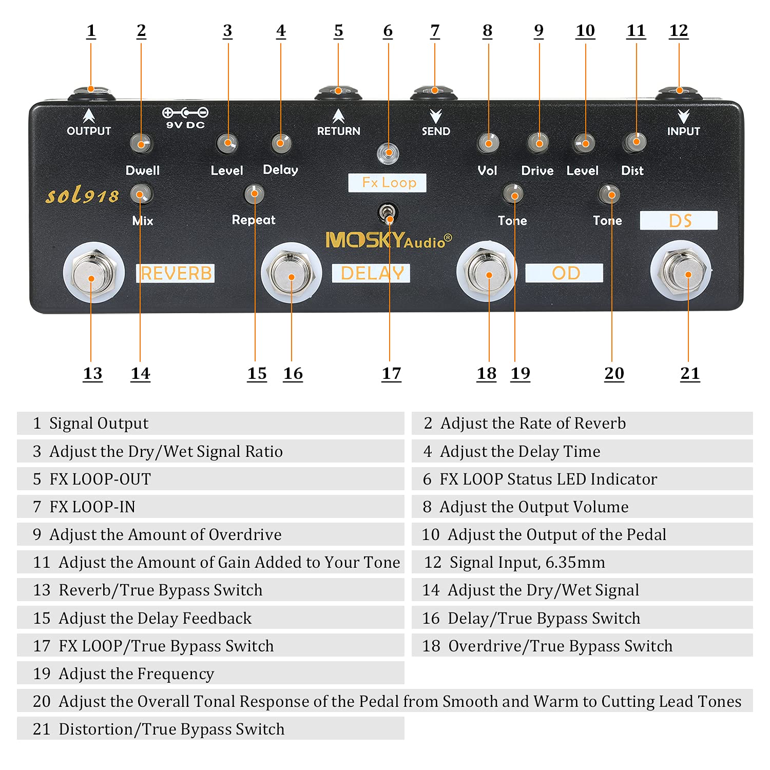 efector,mewmewcat MOSKY Audio SOL918 Pedal de efectos múltiples 5 en 1 Pedal de guitarra de efectos combinados True Bypass Dispositivo de efectos combinados múltiples en uno Reverberación Delay FX Loo