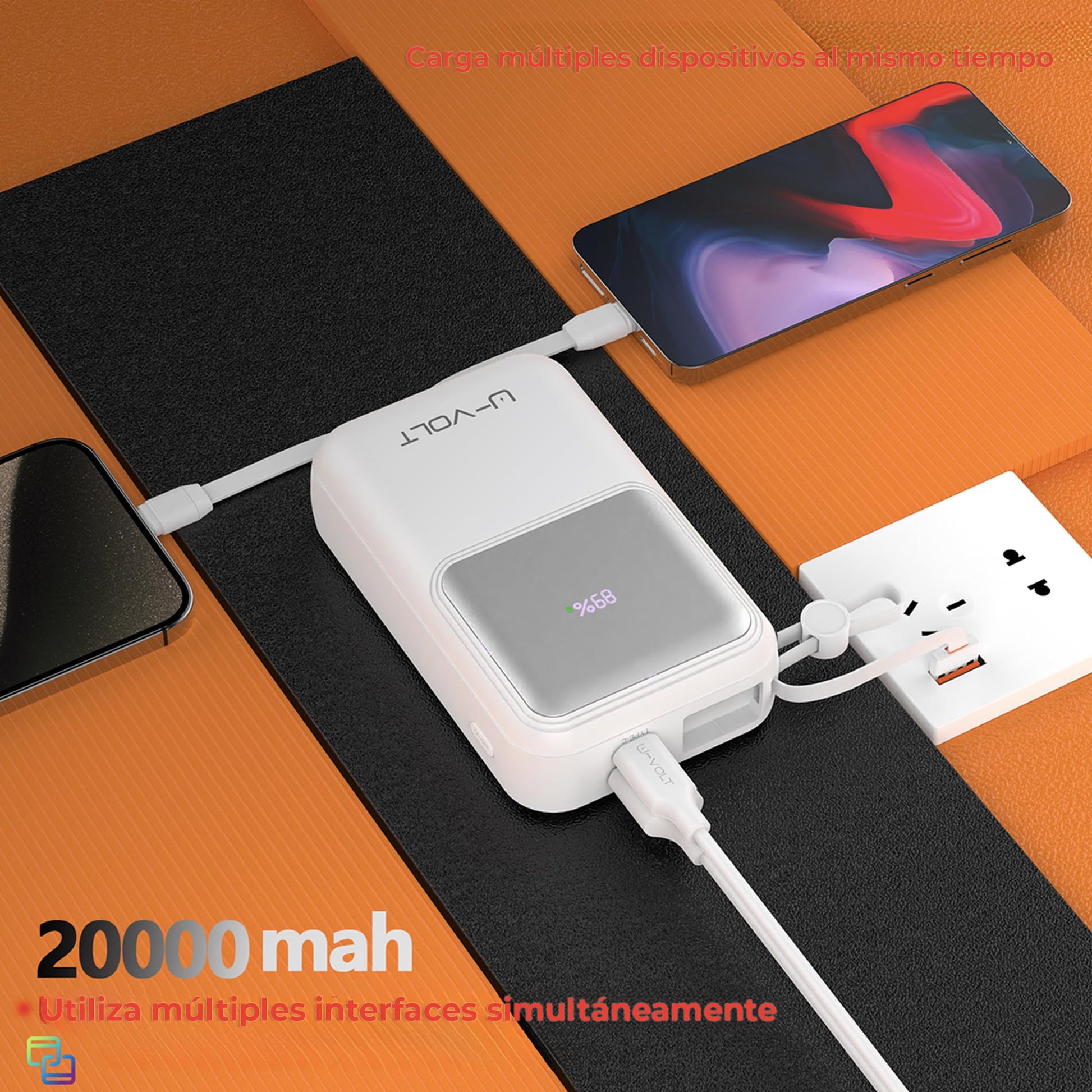 CELULARTE Power Bank U-Volt 20,000 mAh con Cables Integrados, Carga Rápida 22.5W, Batería Portátil con Pantalla Digital para iPhone, Samsung, Xiaomi, iPad y Más (Blanco)