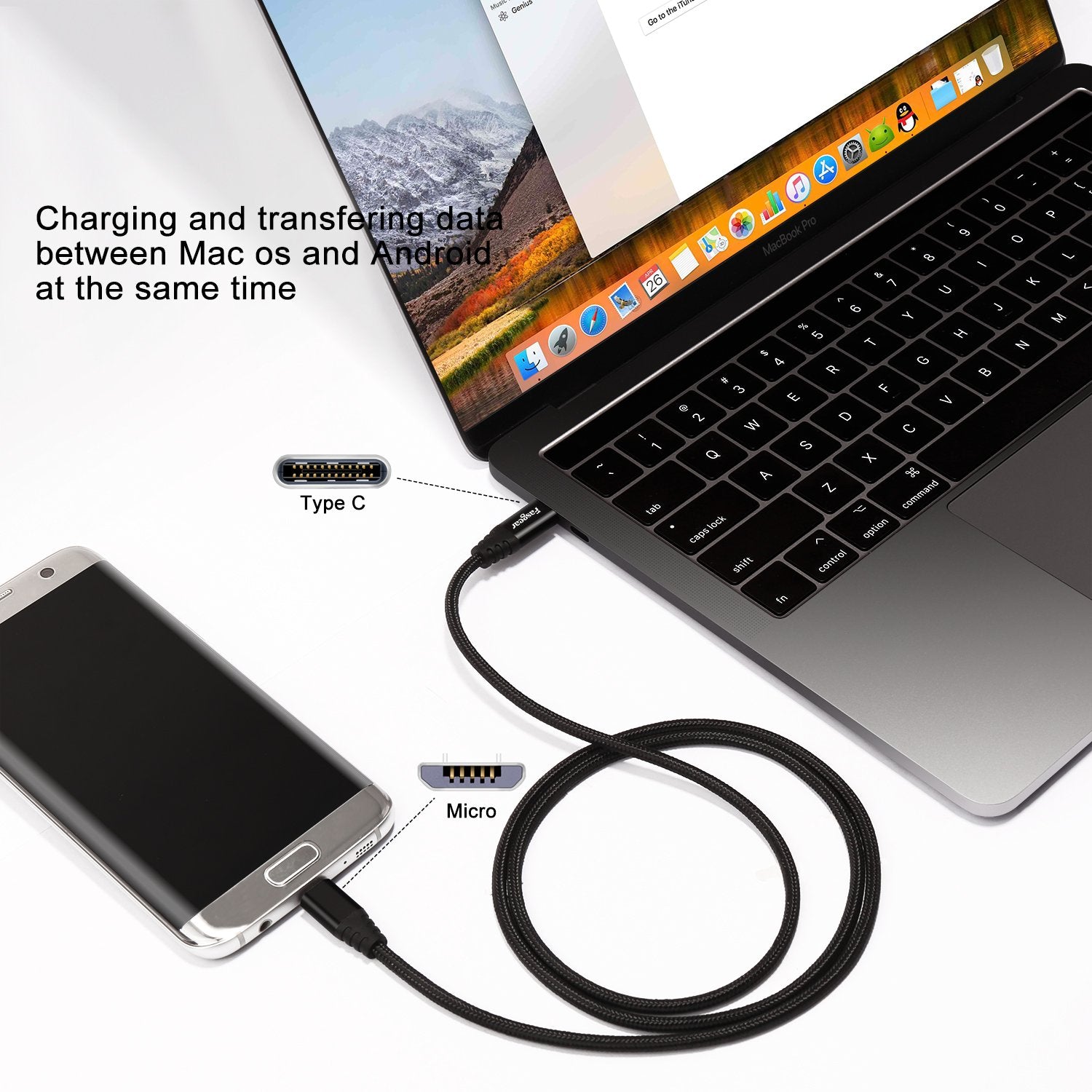 Cable USB C a Micro USB Fasgear en Negro de 30 cm con Nailon Trenzado