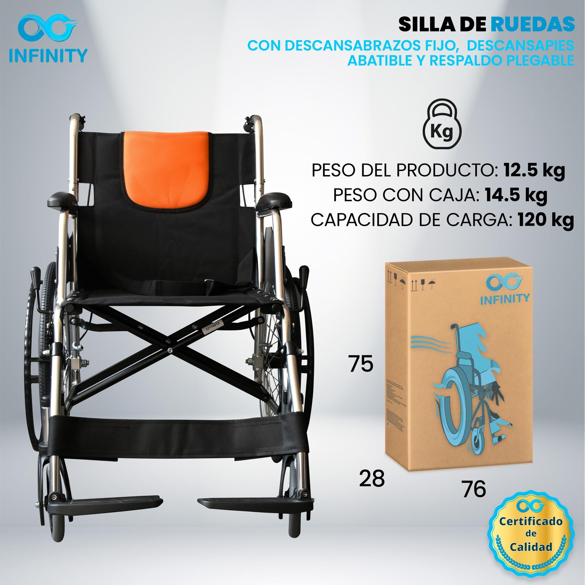 INFINITY | Silla de Ruedas Todo Terreno Ligera de Aluminio con Respaldo Plegable y Doble Sistema de Frenado (Negro-Naranja)