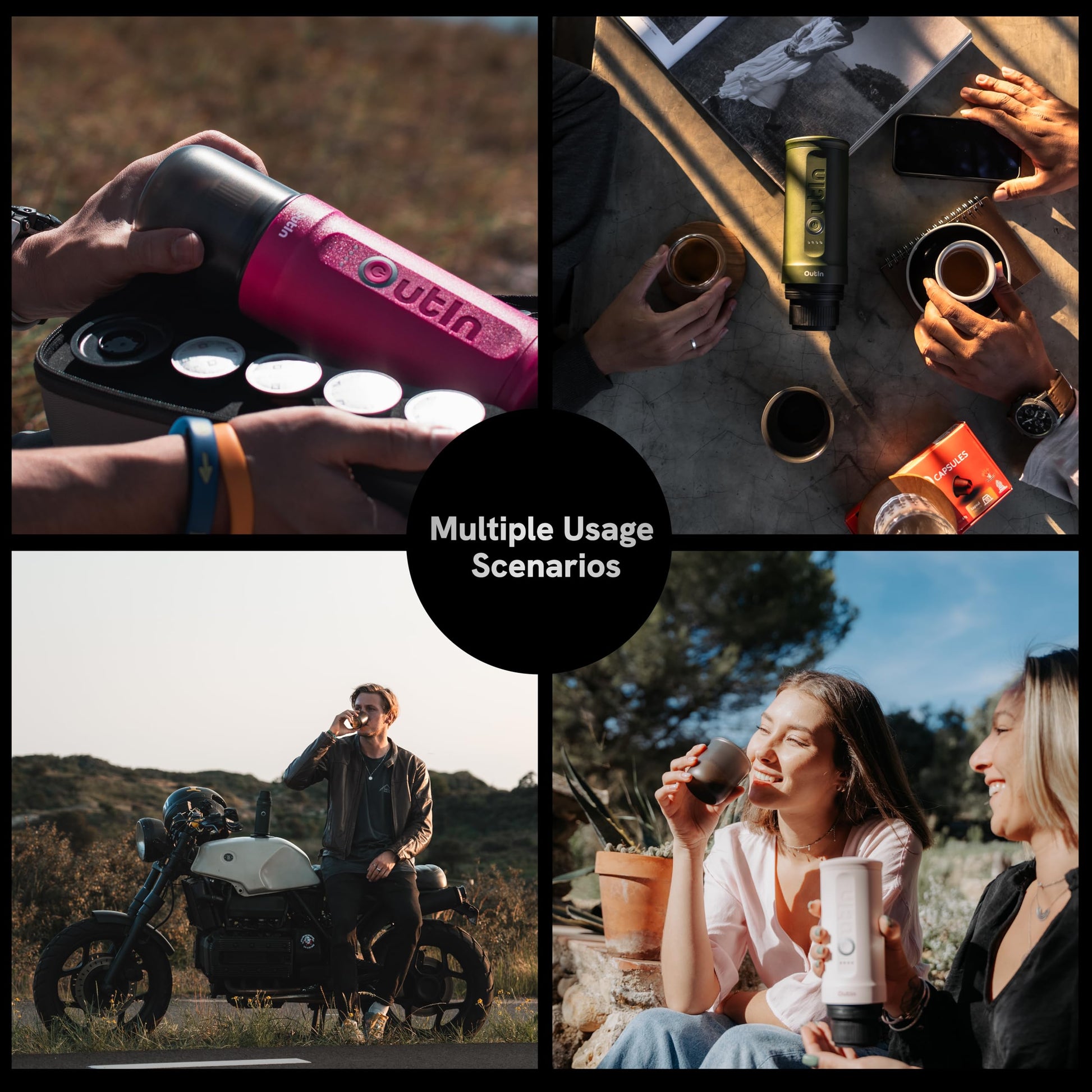 Outin nano cafetera eléctrica portátil, cafetera de campamento, autocalentada por cafetera para vehículos usb - c, Autocaravana con café molido y cápsulas ns, senderismo, Oficina