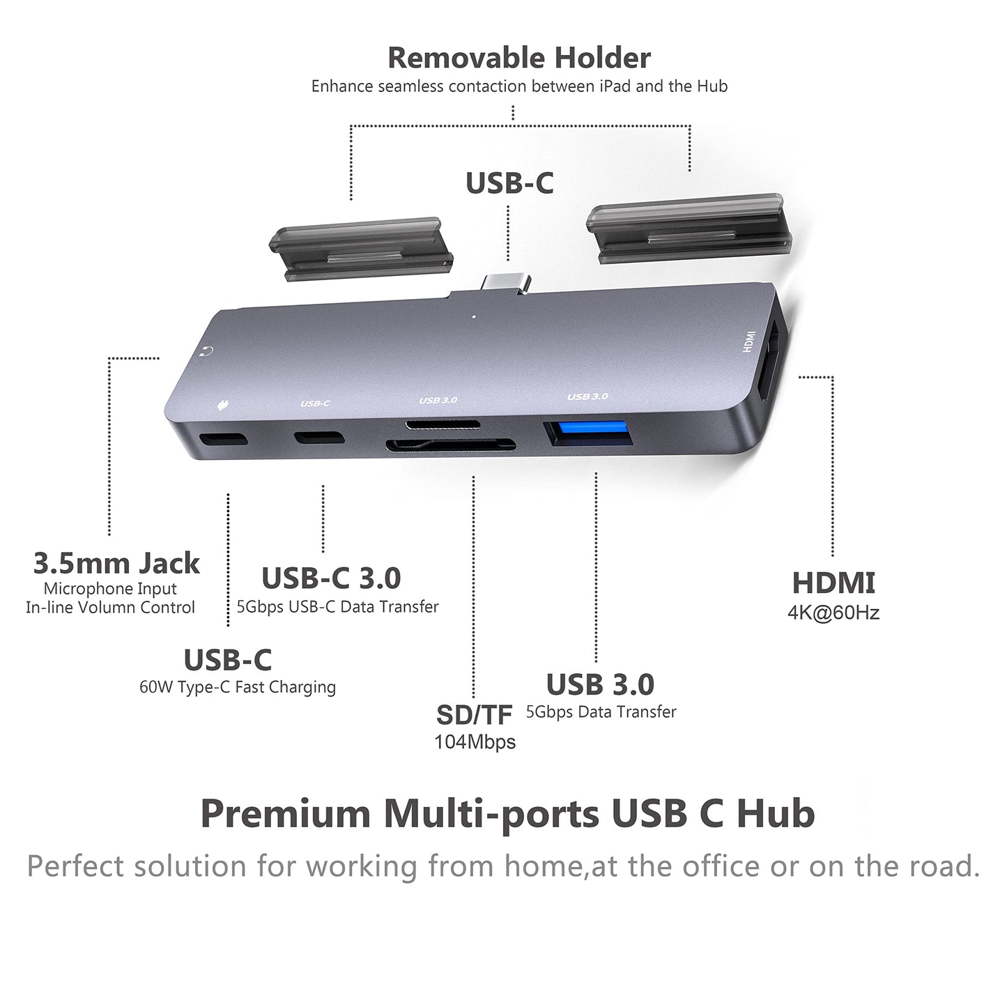 USB C Hub para iPad Pro M2 M1 11/12.9 2022-2018,7-en-1 Hub con 4K@60Hz,USB 3.0,3.5mm Jack,USB Tipo C PD Carga y Transferencia de Datos,Lector Tarjetas SD/TF,Adaptador para iPad Air 4/5,iPad Mini 6