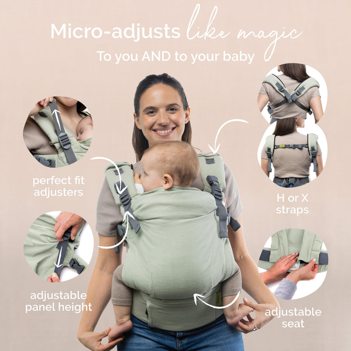 Boba X - Portabebés para recién nacidos a niños pequeños, mezcla de lino transpirable, certificado para cadera saludable, ligero, tamaño pequeño a grande 7-45 libras, portabebés microajustable desde