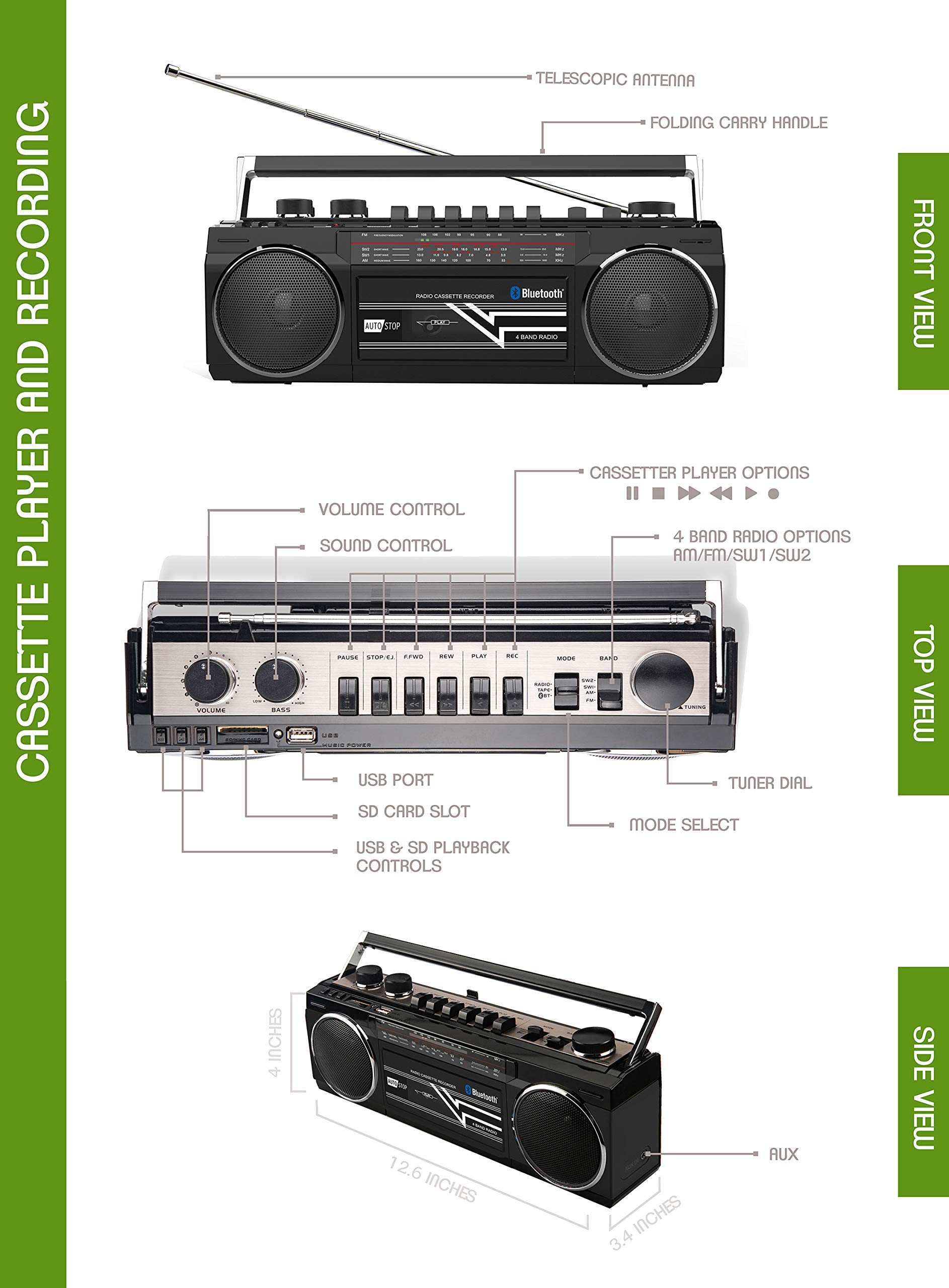 Boombox Bluetooth Retro Riptunes Negro Reproductor de Casete y Radio AM/FM/SW-1-SW2