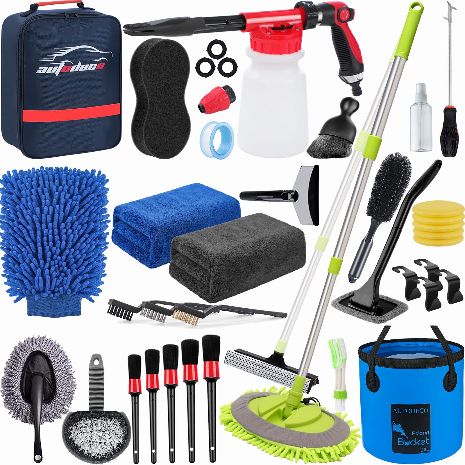AUTODECO - Kit de limpieza de lavado de coche con pistola de espuma, bolsa de lona azul de 62 pulgadas, cepillo para polvo de lavado de parabrisas y herramienta de limpieza plegable, guante de lavado de esponja, juego completo para interiores y exteriores