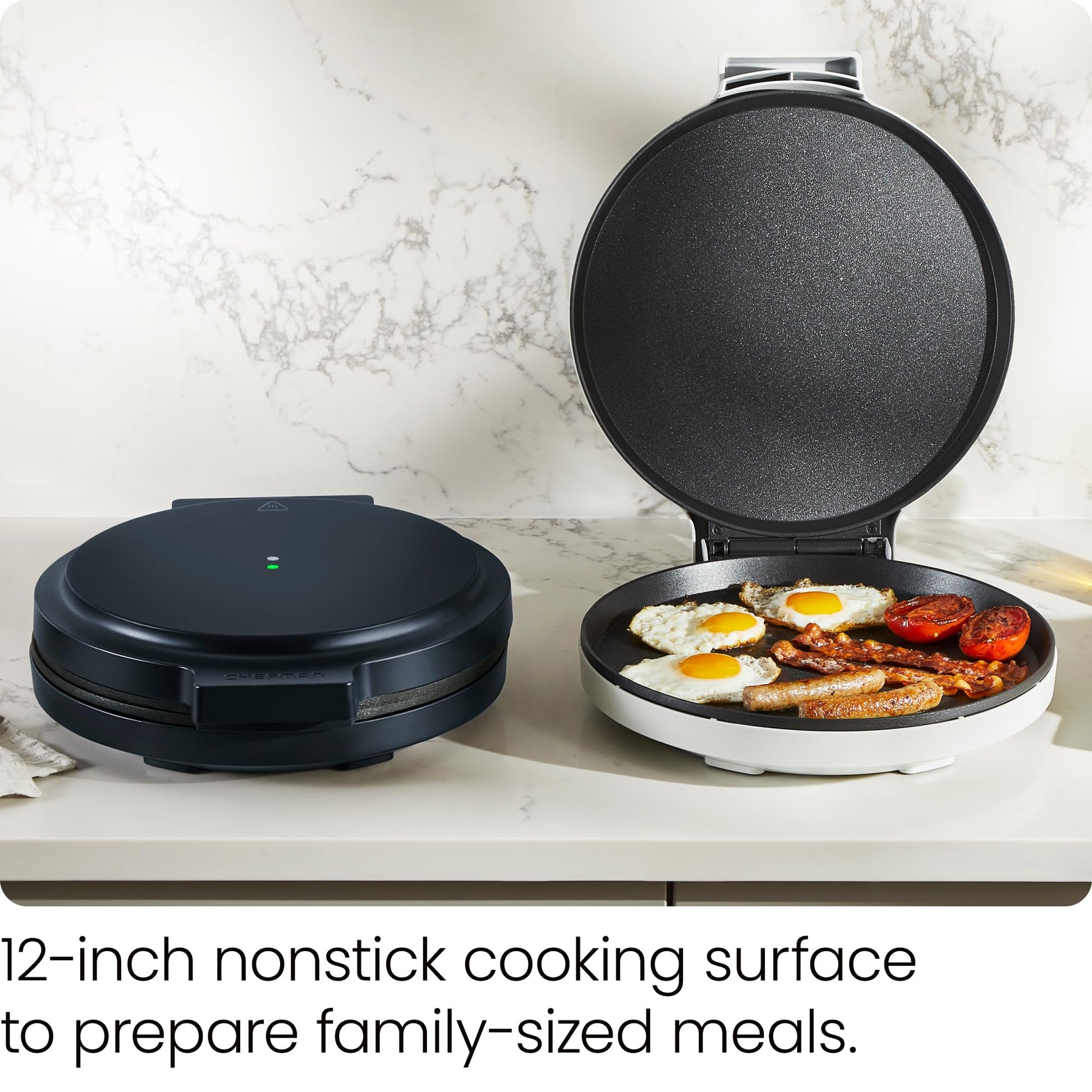 Chefman Everything Maker & Pizza Horno – 1440 W Encimera eléctrica Pizza con platos antiadherentes de 12 pulgadas, hacer pizza, quesadillas, tortillas y más, con luces indicadoras y almacenamiento