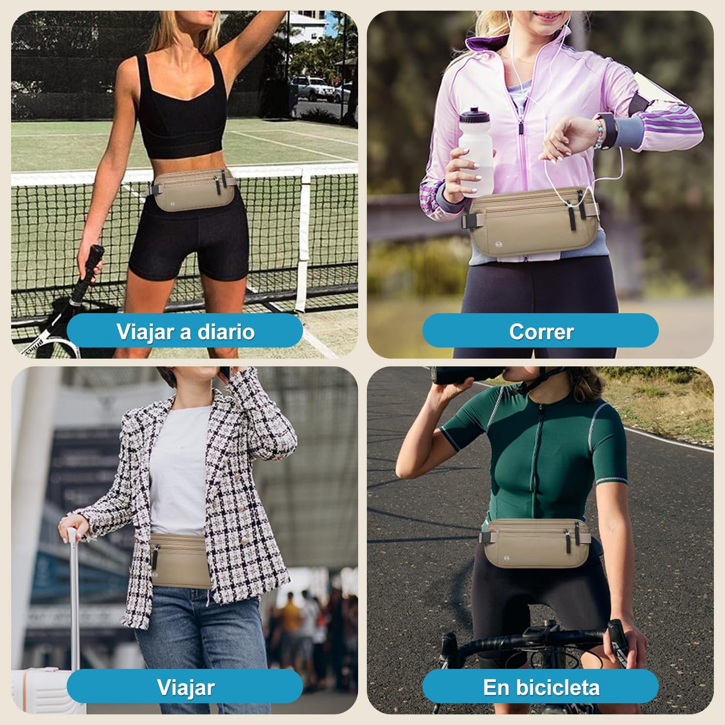 Cinturón de Viaje con Tecnología Bloqueo RFID, Cangurera Mujer y Hombres con Soporte Delgado para Pasaporte y Cremallera Invisible, Riñonera para Viaje, Deporte, Running, Ejercicio (Caqui)