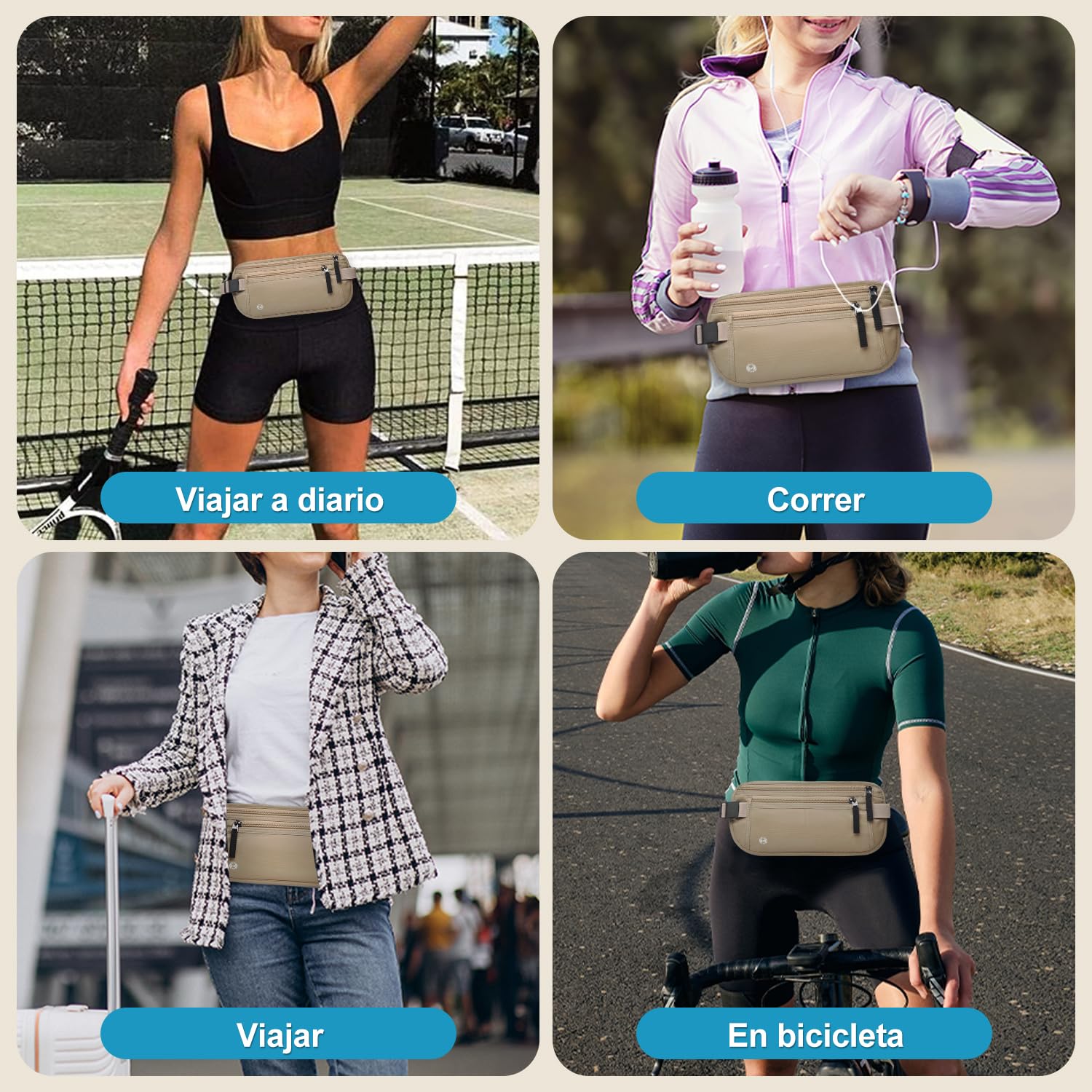 Cinturón de Viaje con Tecnología Bloqueo RFID, Cangurera Mujer y Hombres con Soporte Delgado para Pasaporte y Cremallera Invisible, Riñonera para Viaje, Deporte, Running, Ejercicio (Caqui)