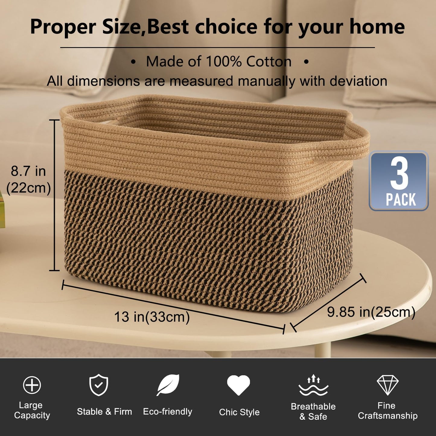 OIAHOMY - Paquete de 3 cestas de almacenamiento para organizar, 13 x 9.85 x 8.7 pulgadas, cesta tejida con asas, cesta de almacenamiento de juguetes, cesta elegante para decoración de habitación, café