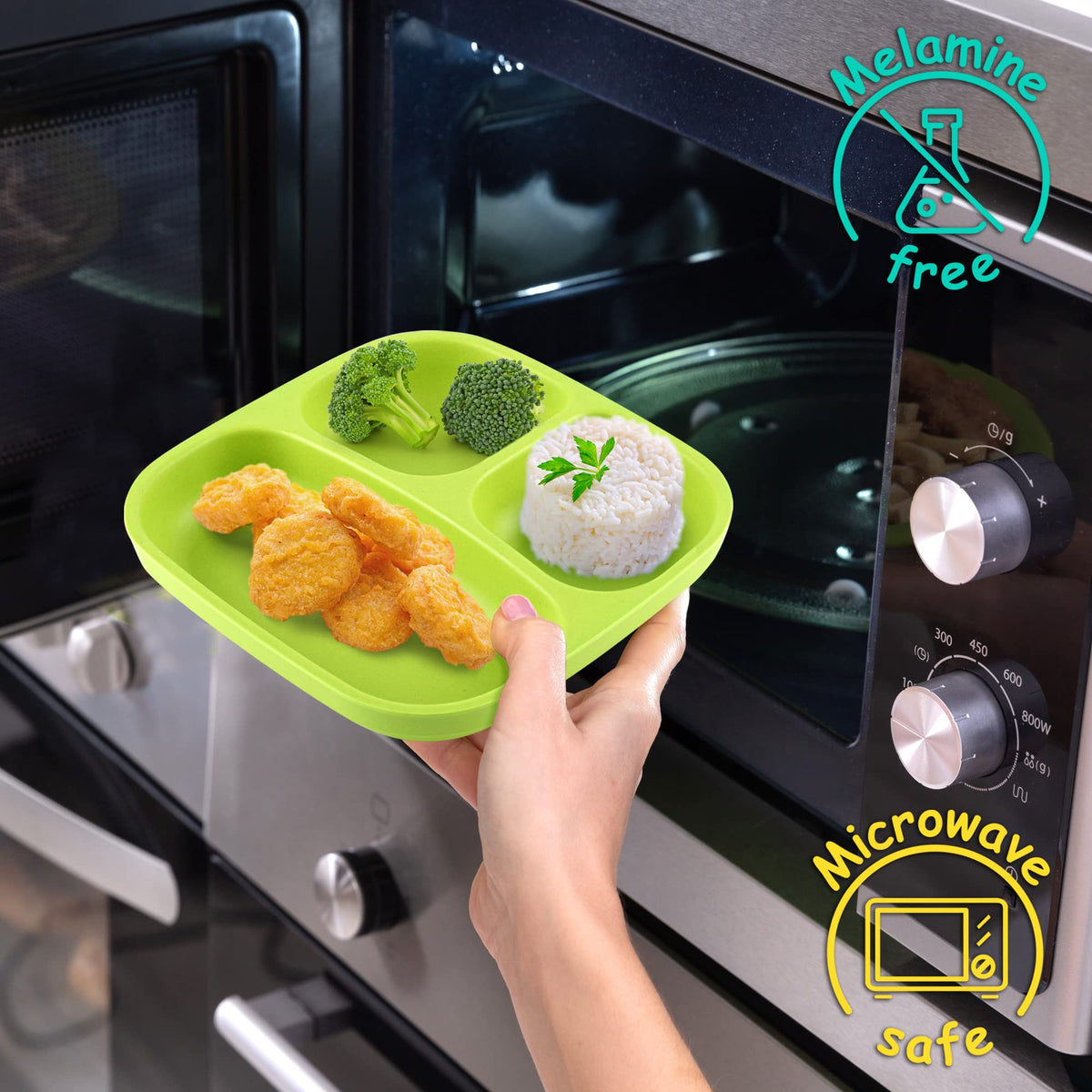 Get Fresh Juego de platos para niños divididos PLA - 2 platos infantiles sin melamina aptos para microondas - Vajilla infantil apilable sin BPA - Platos reutilizables aptos para lavavajillas para