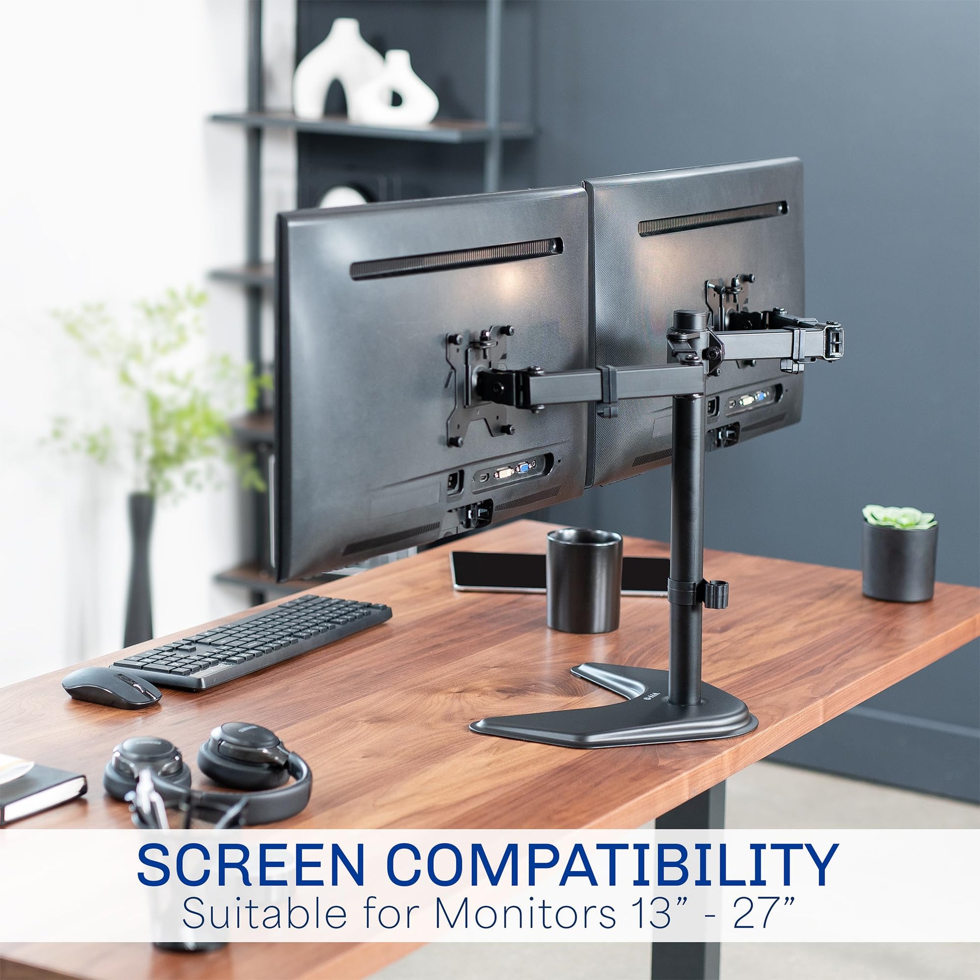 Soporte para Monitor LCD Doble VIVO Negro de Alta Resistencia con Brazos Ajustables para 2 Pantallas hasta 27 Pulgadas