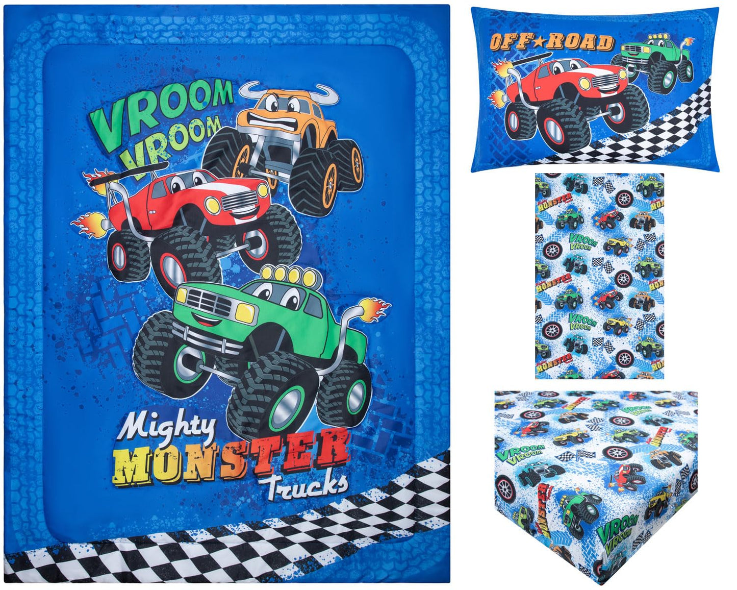 Todays Kids Monster Trucks - Juego de ropa de cama infantil para niños, juego de edredón de 4 piezas para niños, edredón reversible y funda de almohada, sábana encimera, sábana bajera, microfibra