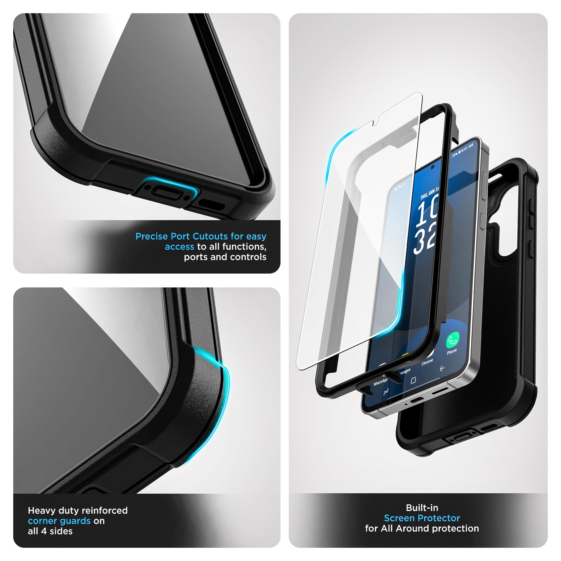 Funda Rígida Encased Negro Samsung Galaxy S24 FE Uso Rudo con Protector Pantalla de Vidrio Templado y Clip Cinturón Holster