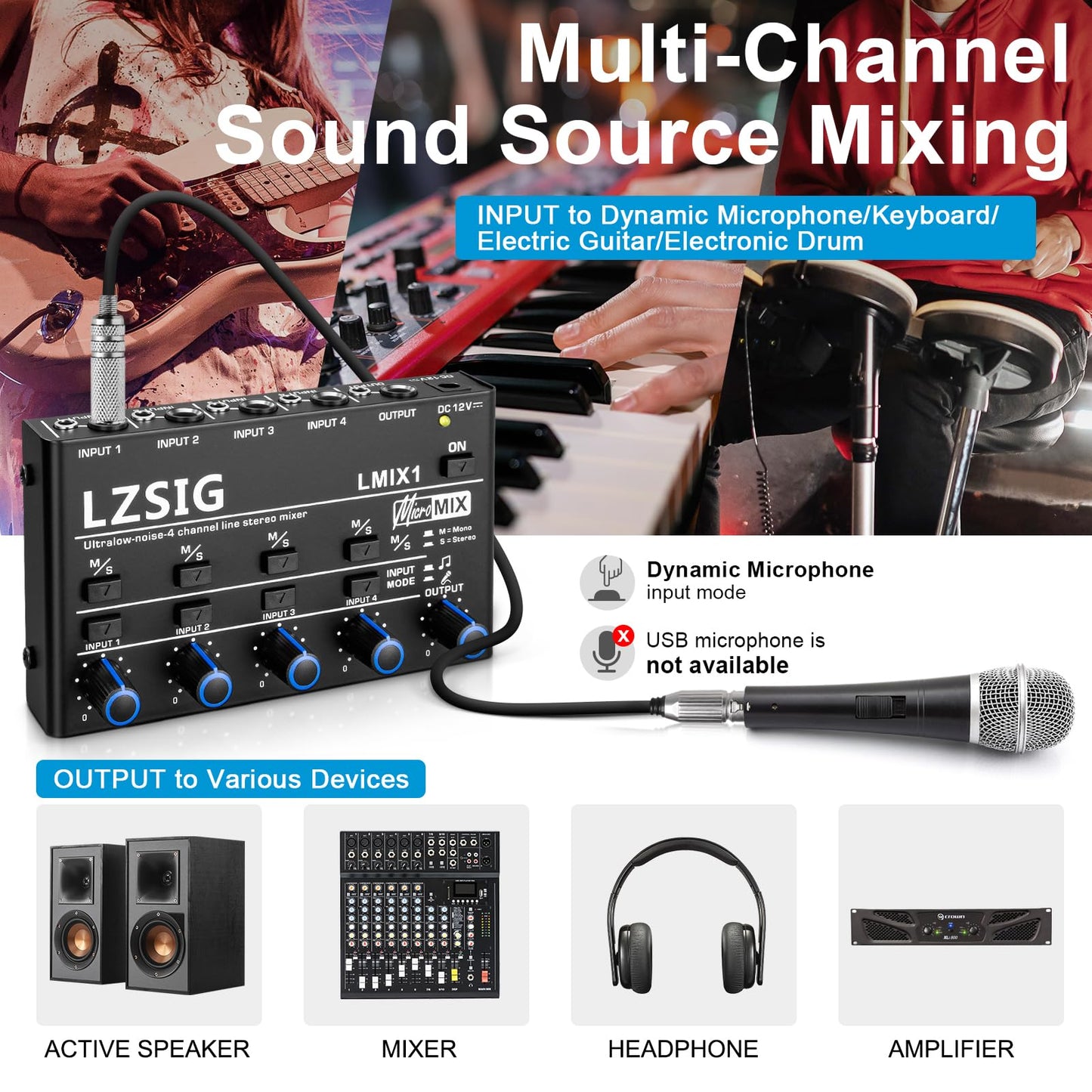 LZSIG Mini mezclador de audio, mezclador de línea estéreo para submezcla, ultra bajo ruido, 4 canales, control no empotrado de micrófono dinámico, salida y entrada TRS de 1/4 y 1/8 pulgadas, para