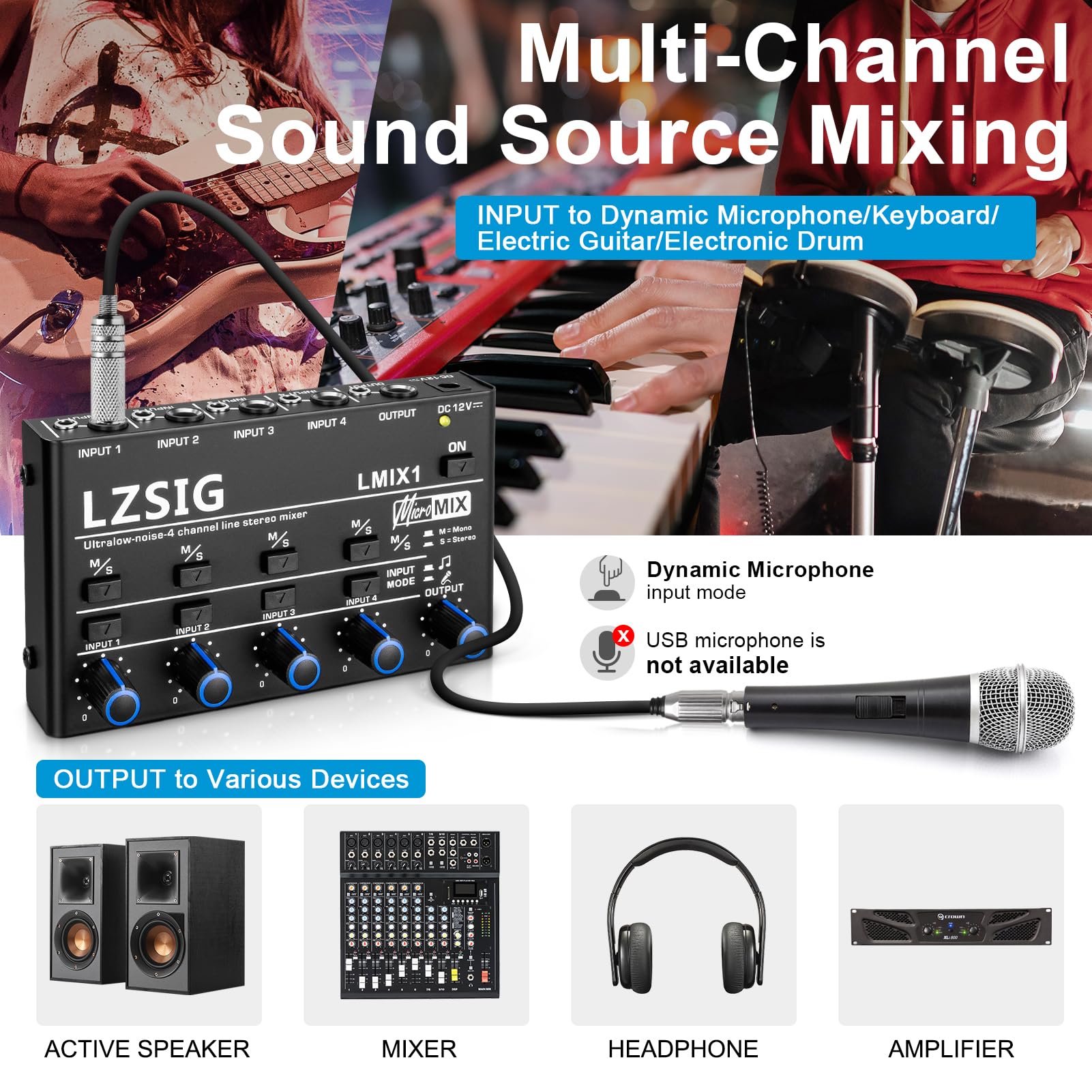 LZSIG Mini mezclador de audio, mezclador de línea estéreo para submezcla, ultra bajo ruido, 4 canales, control no empotrado de micrófono dinámico, salida y entrada TRS de 1/4 y 1/8 pulgadas, para
